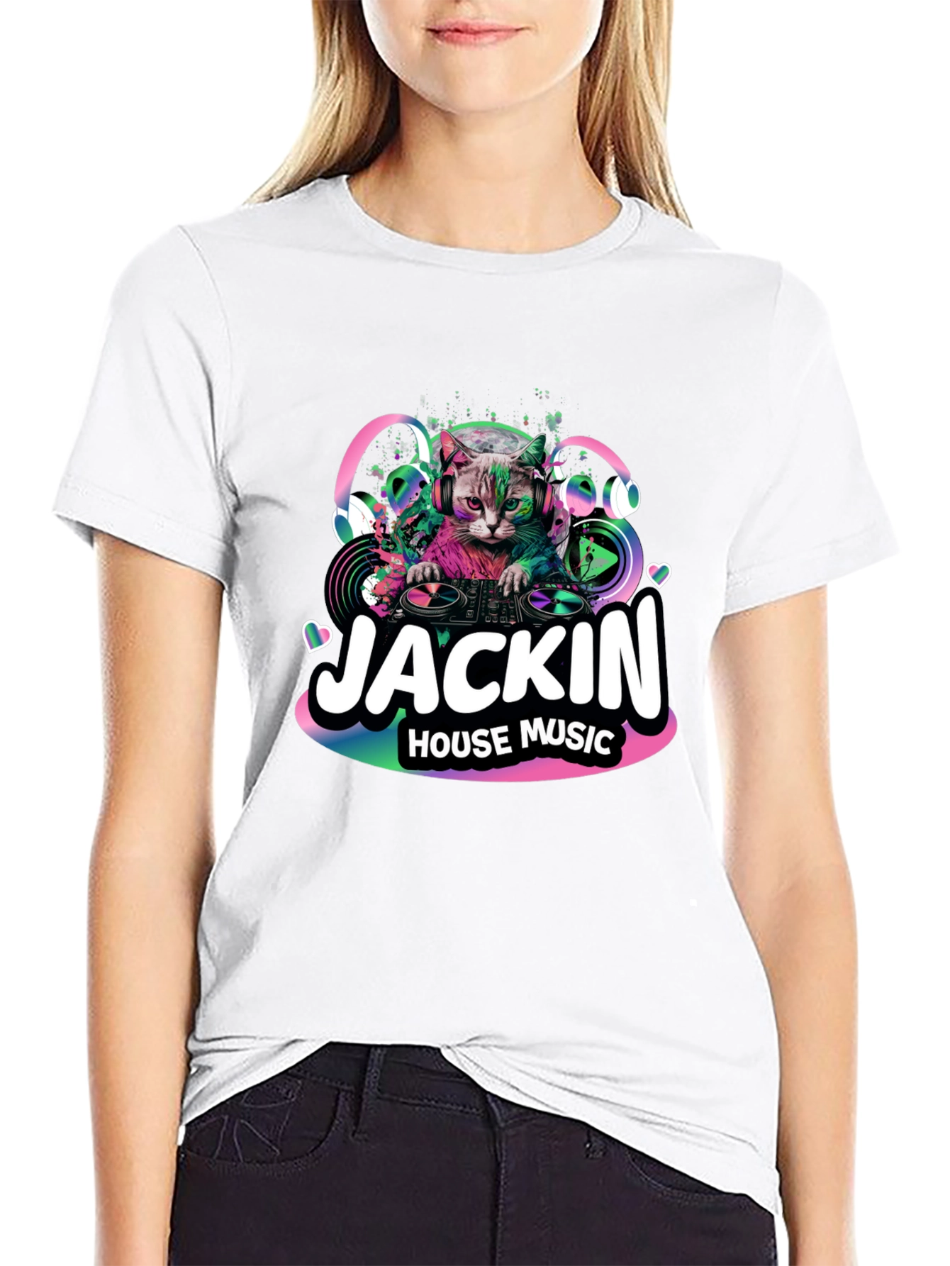 Jackin House Music Cat Graphic Black T-Shirt
