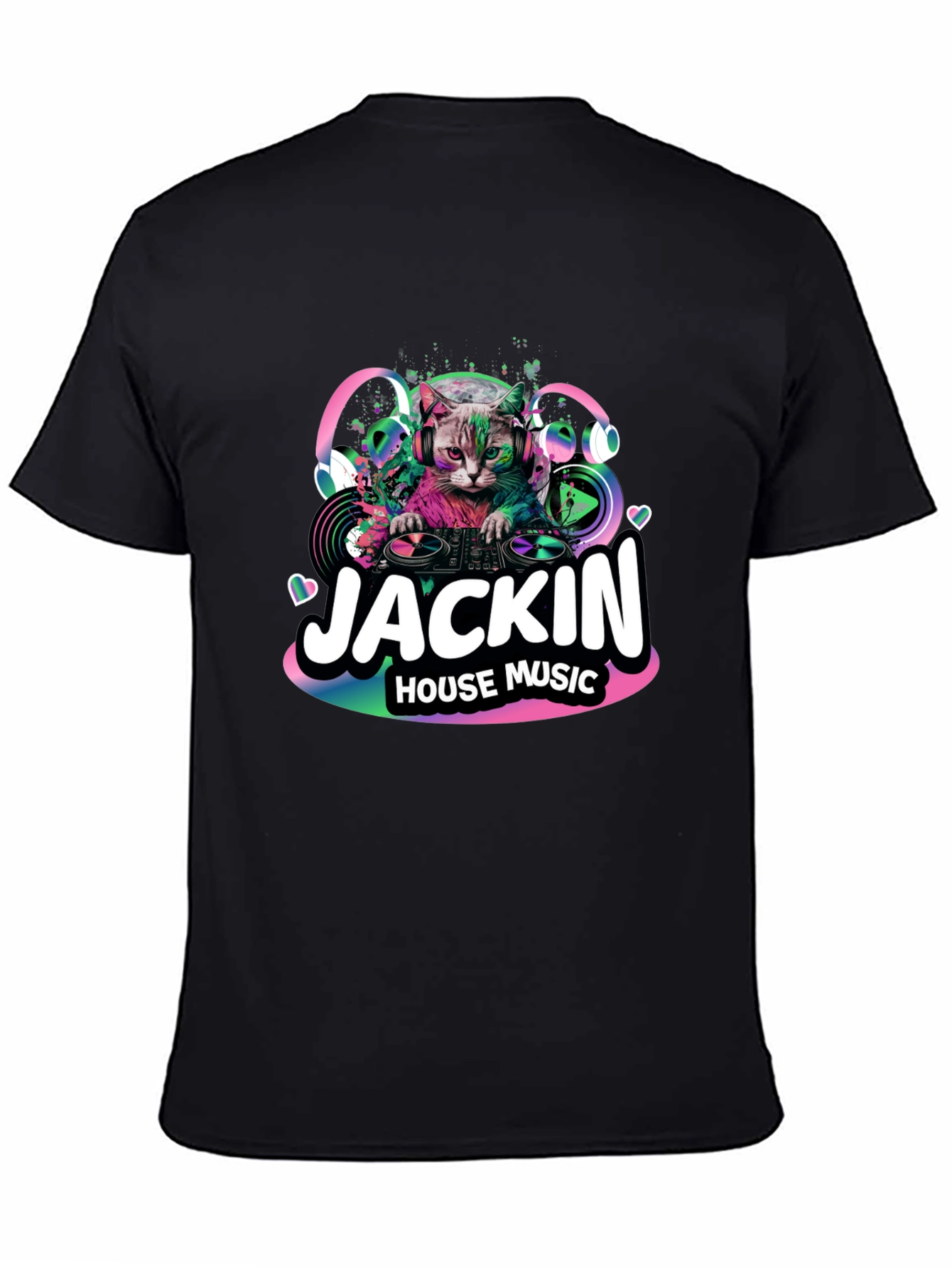 Jackin House Music Cat Graphic Black T-Shirt