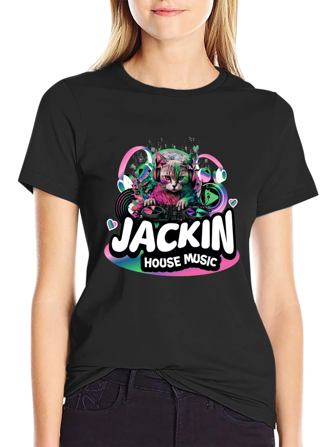 Jackin House Music Cat Graphic Black T-Shirt