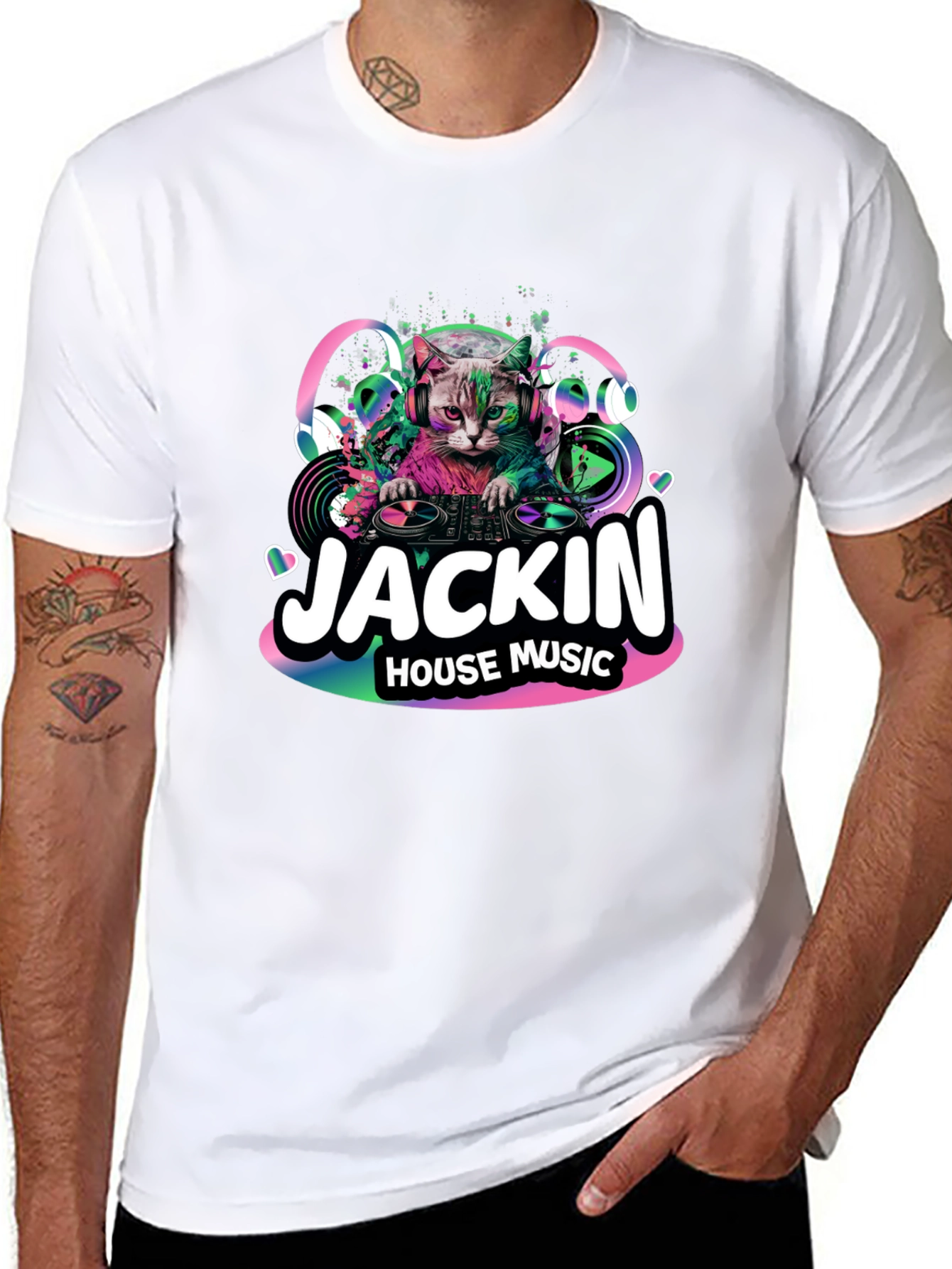 Jackin House Music Cat Graphic Black T-Shirt