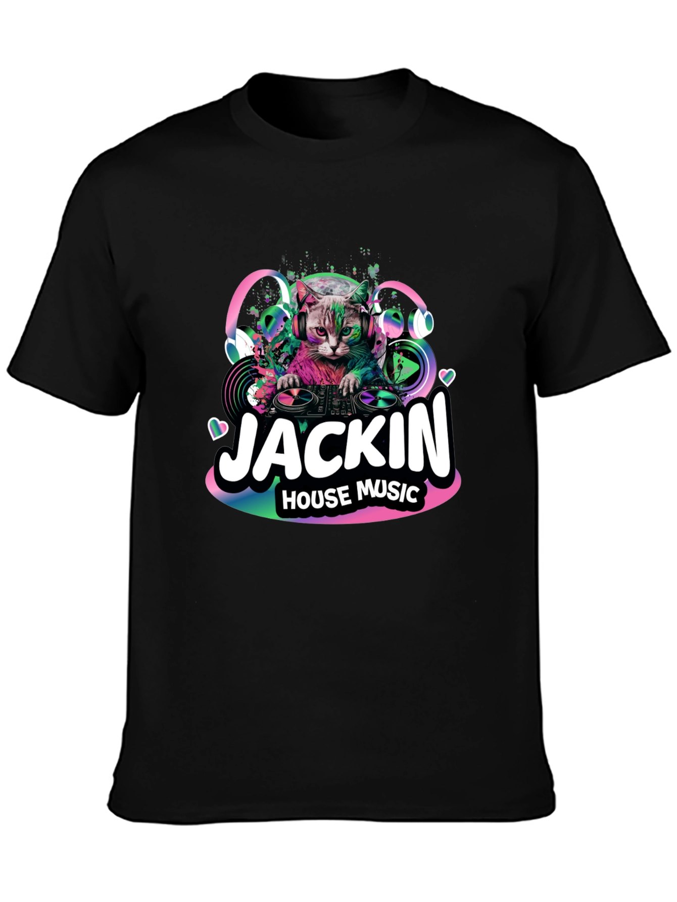 Jackin House Music Cat Graphic Black T-Shirt