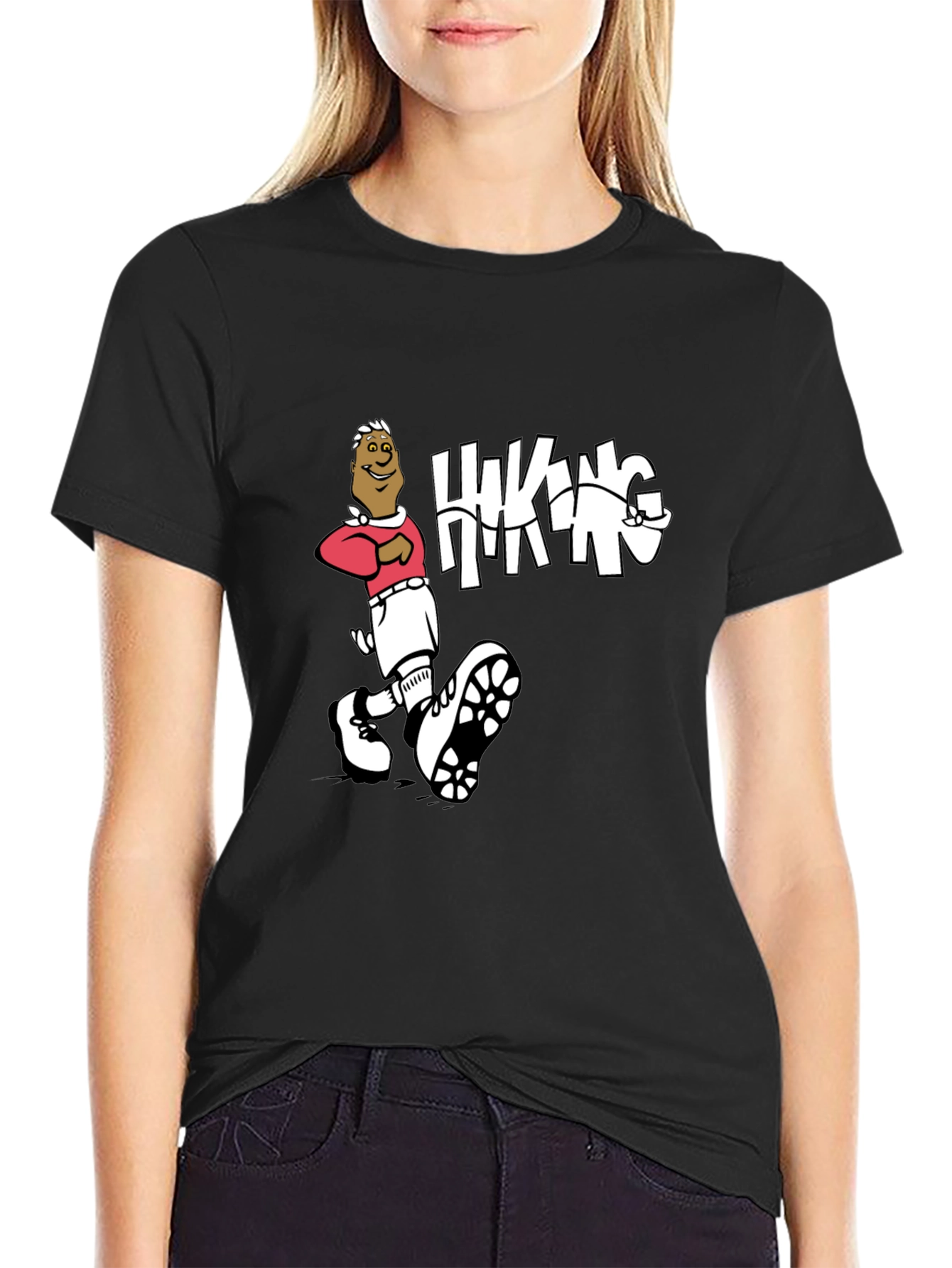 Hiking Cartoon Graphic Print Crewneck T-Shirt