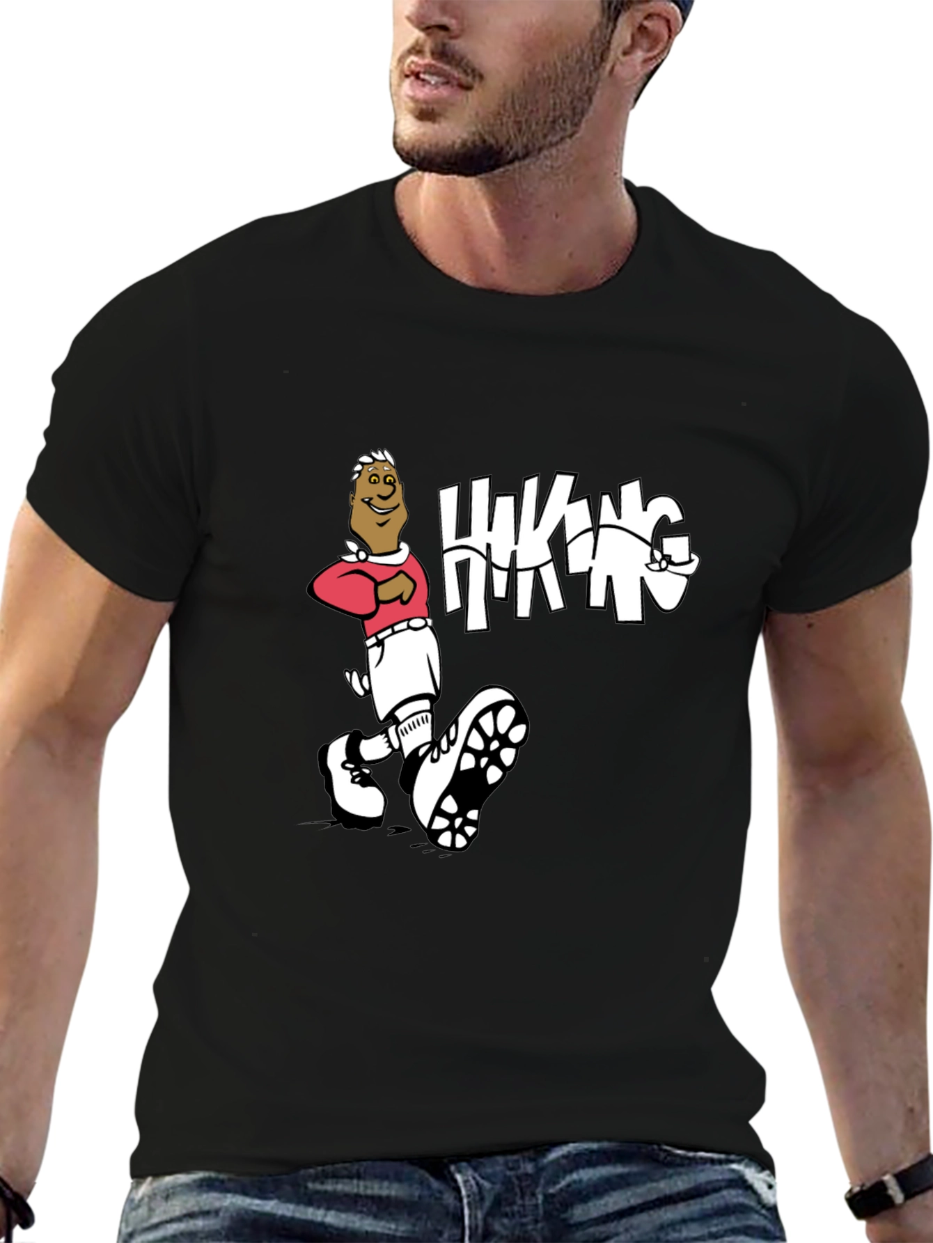 Hiking Cartoon Graphic Print Crewneck T-Shirt