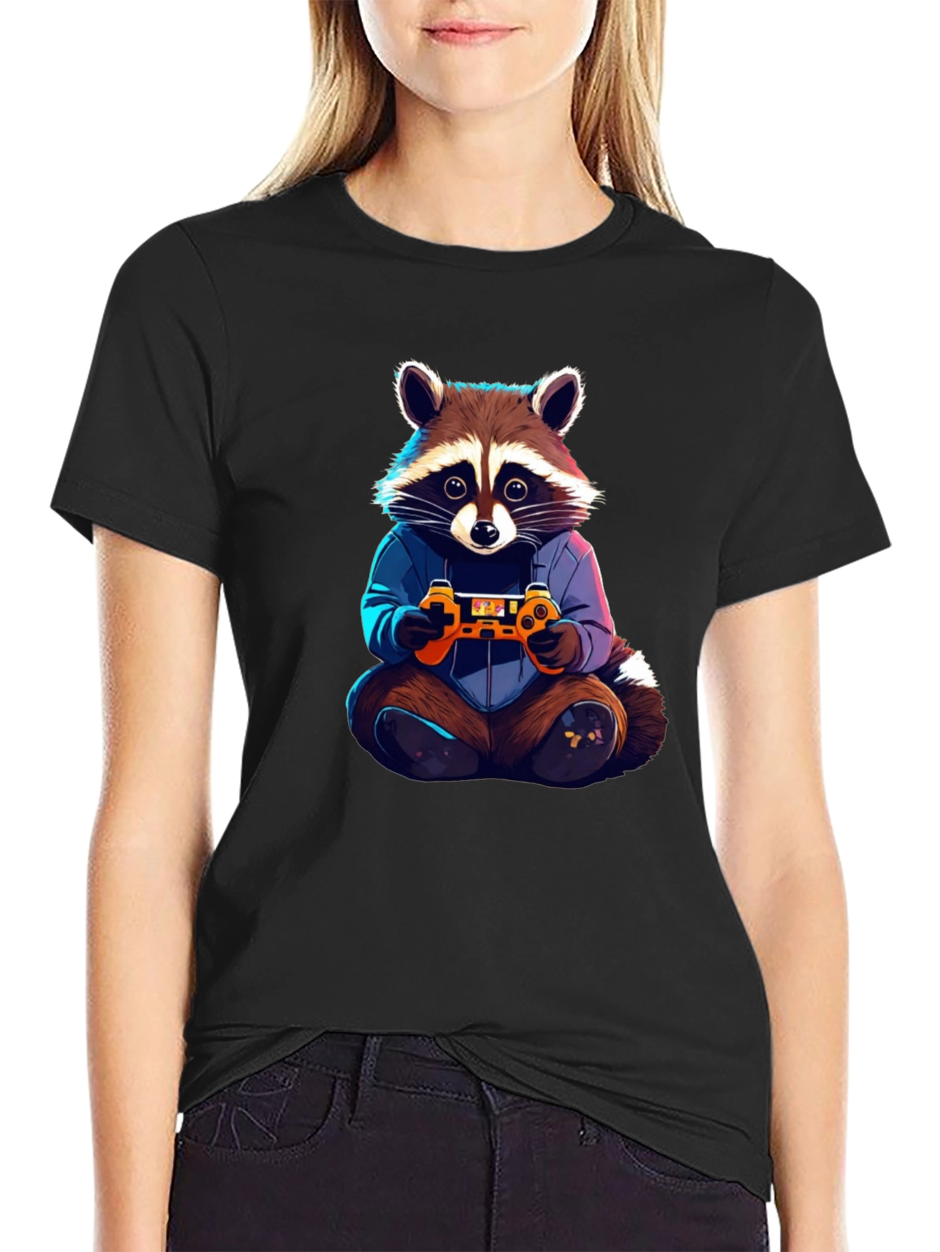 Gamer Raccoon Graphic Tee - Black