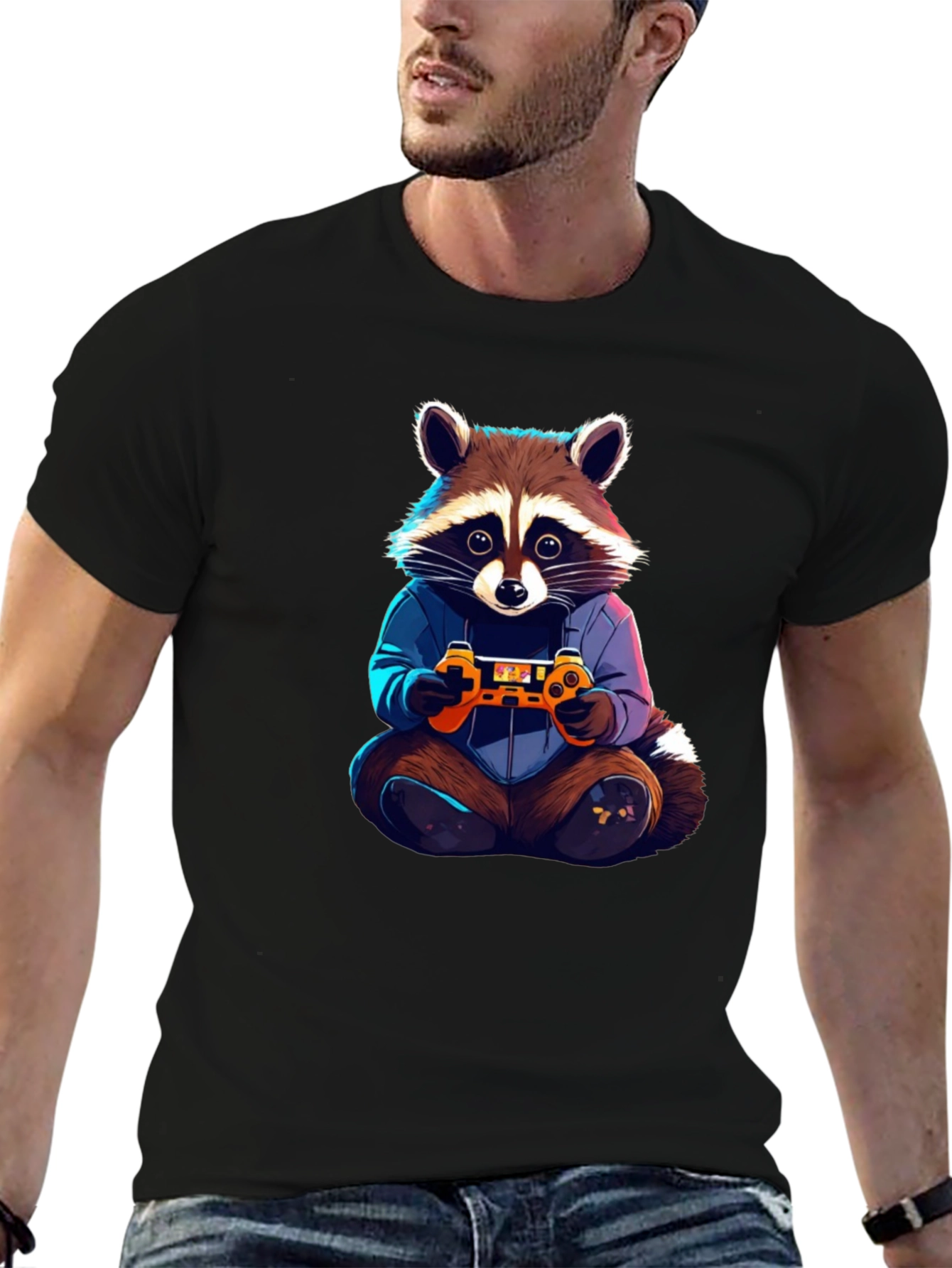 Gamer Raccoon Graphic Tee - Black