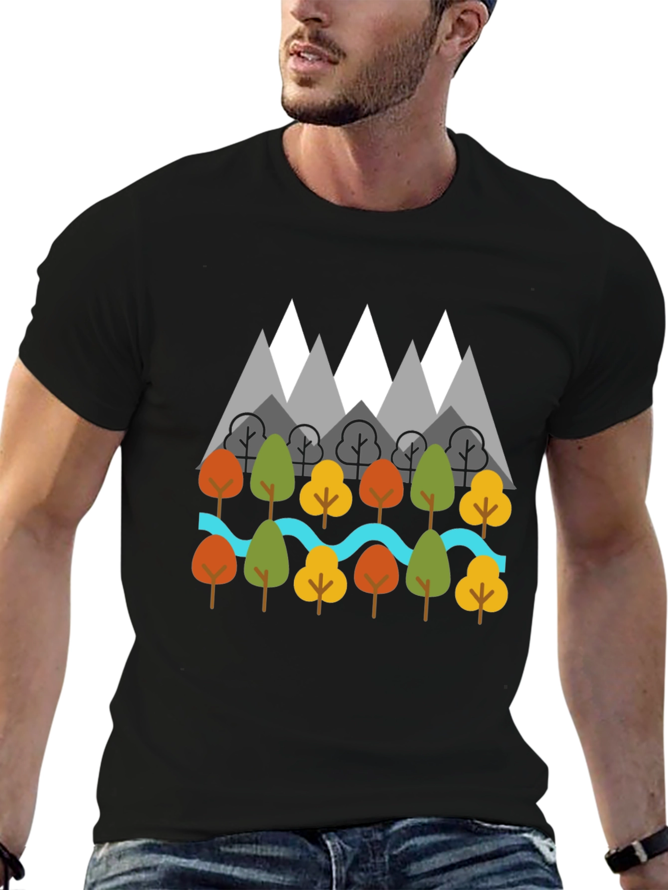 Nature Graphic T-Shirt - Mountains Trees River Design