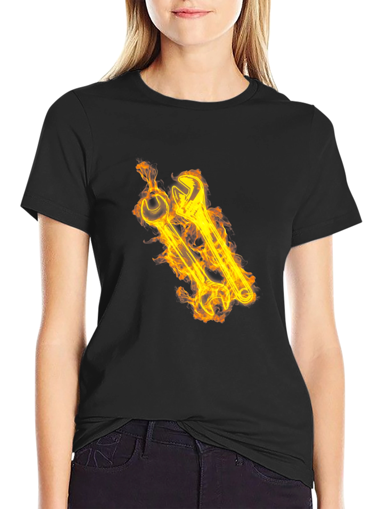 Fiery Wrench Graphic Black T-Shirt