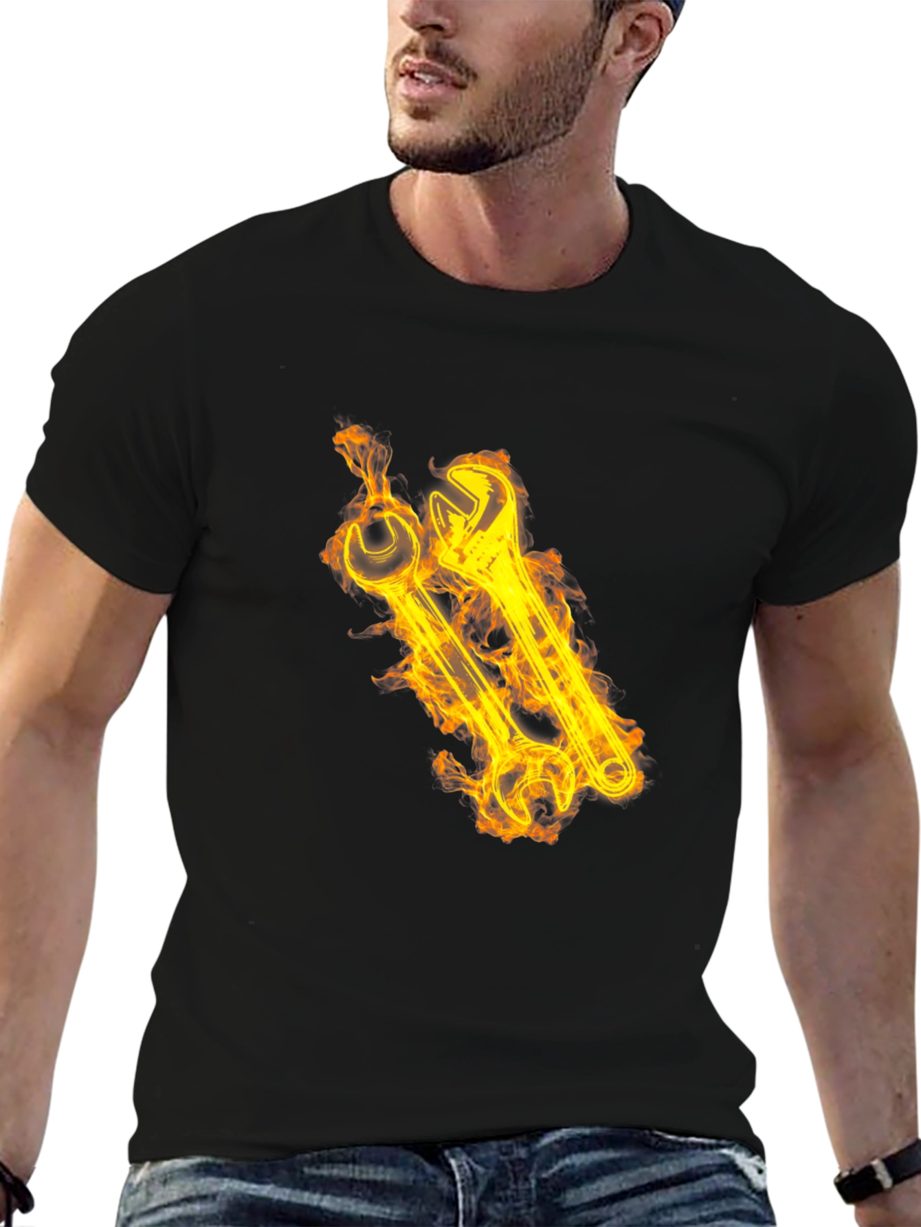 Fiery Wrench Graphic Black T-Shirt