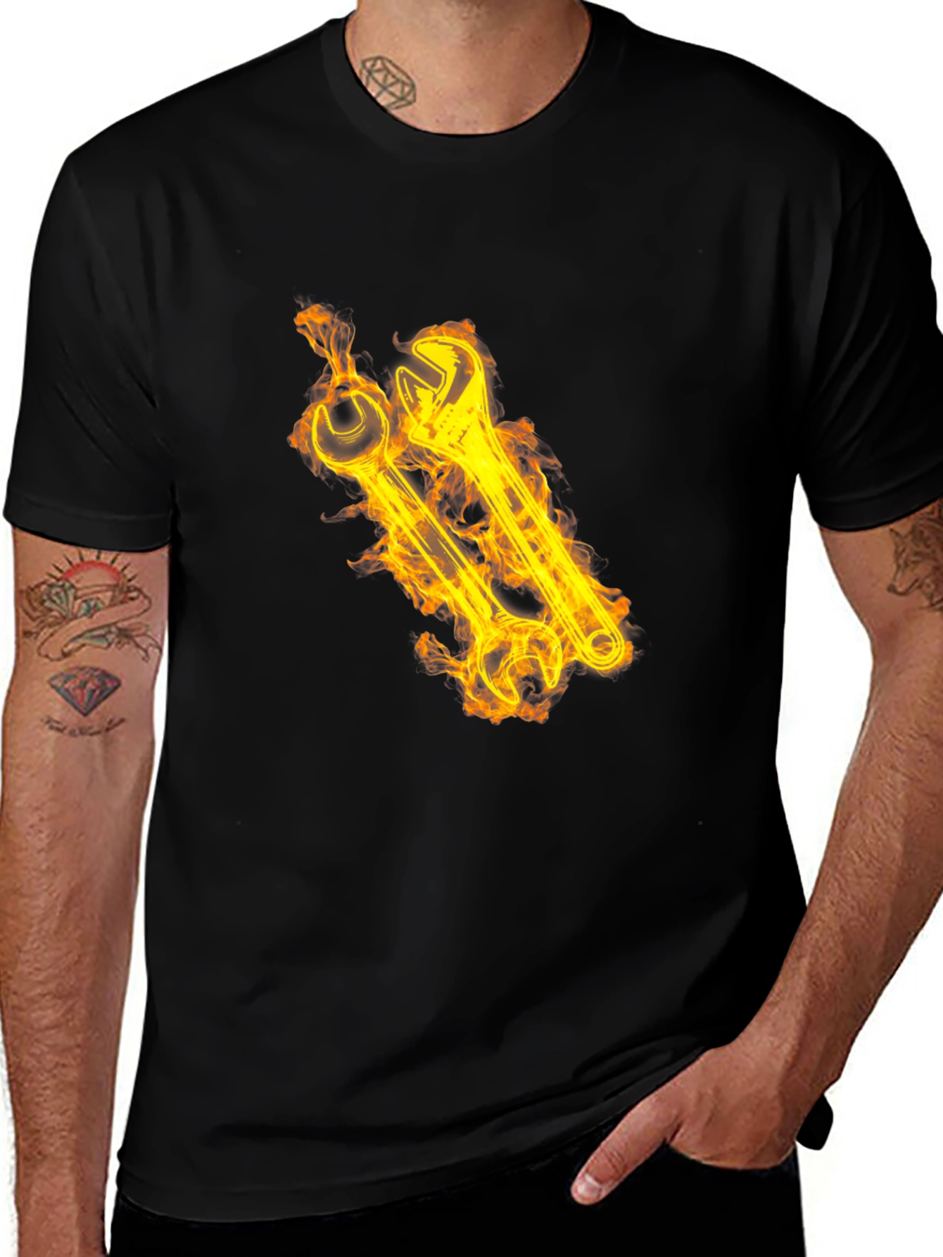 Fiery Wrench Graphic Black T-Shirt