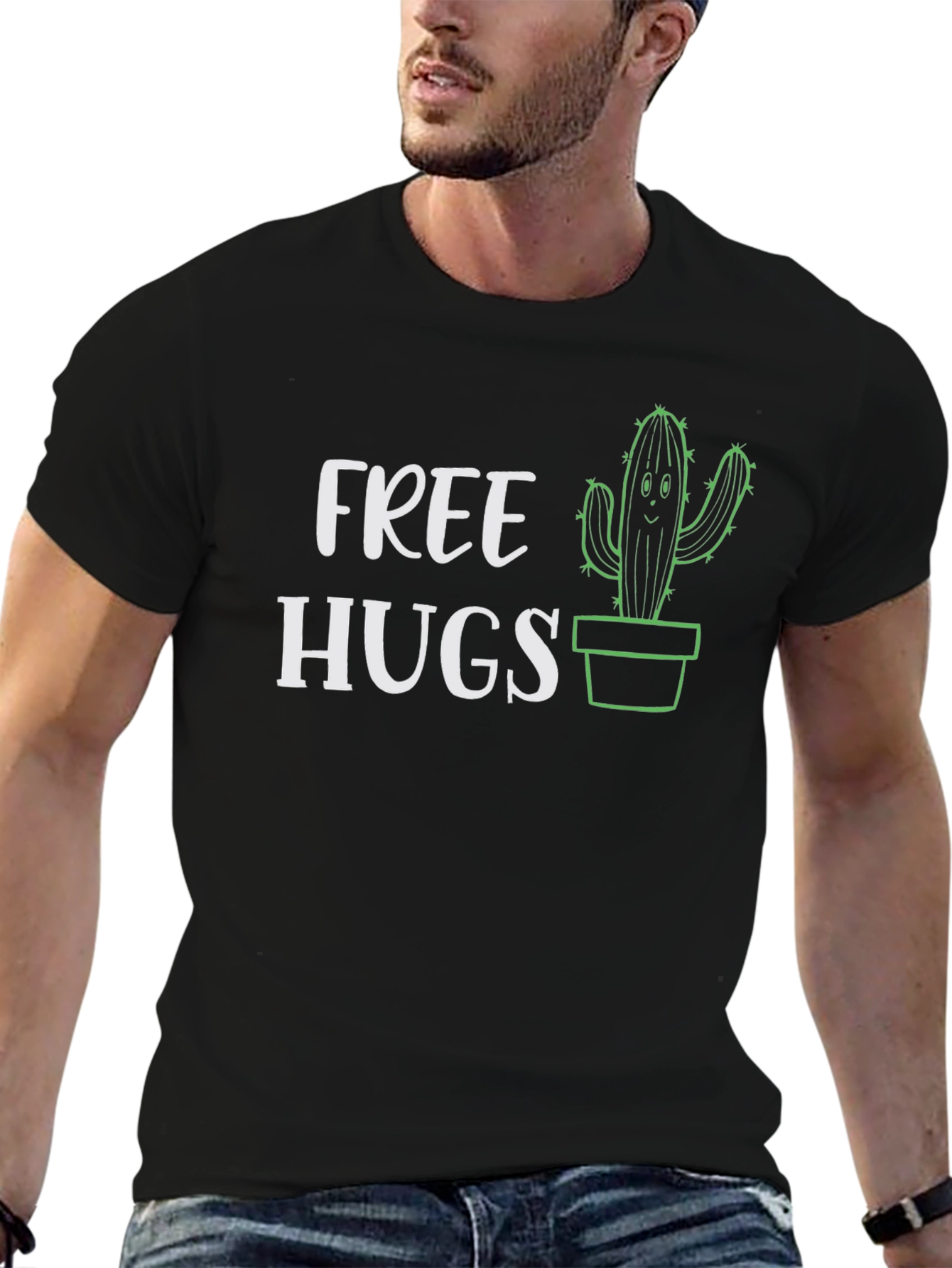 Free Hugs Cactus Graphic Tee - Black Cotton T-Shirt