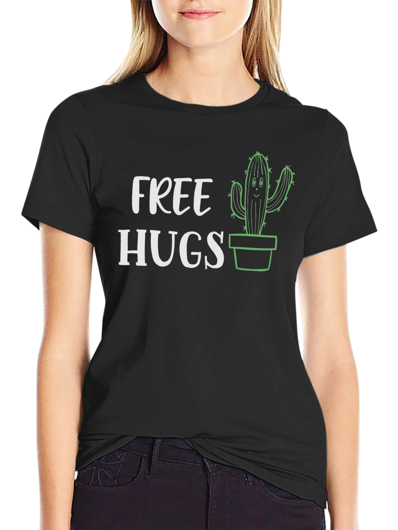Free Hugs Cactus Graphic Tee - Black Cotton T-Shirt