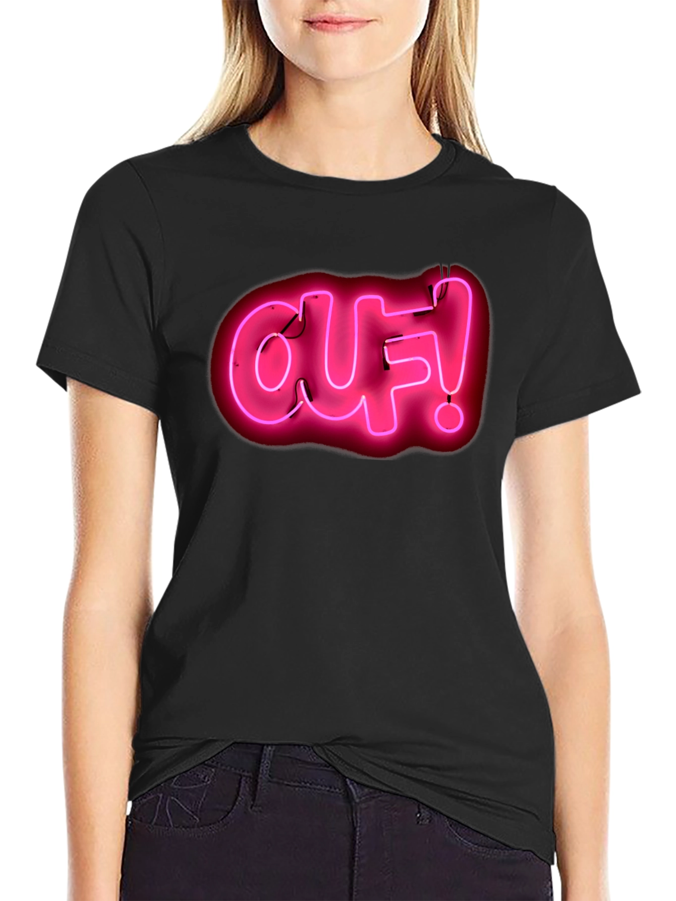 Ouf! Neon Pink Graphic Black T-Shirt