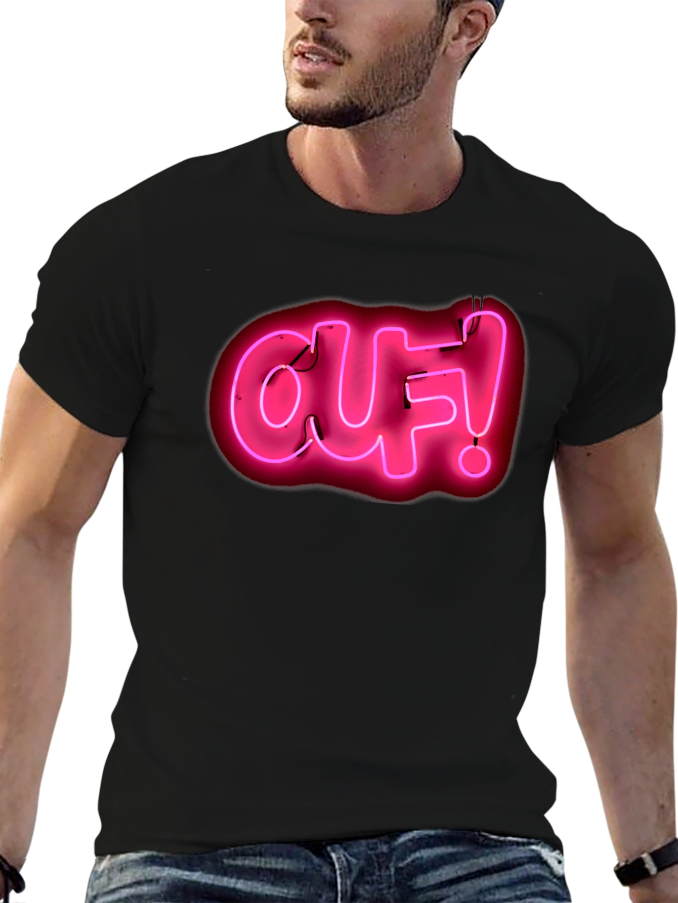Ouf! Neon Pink Graphic Black T-Shirt