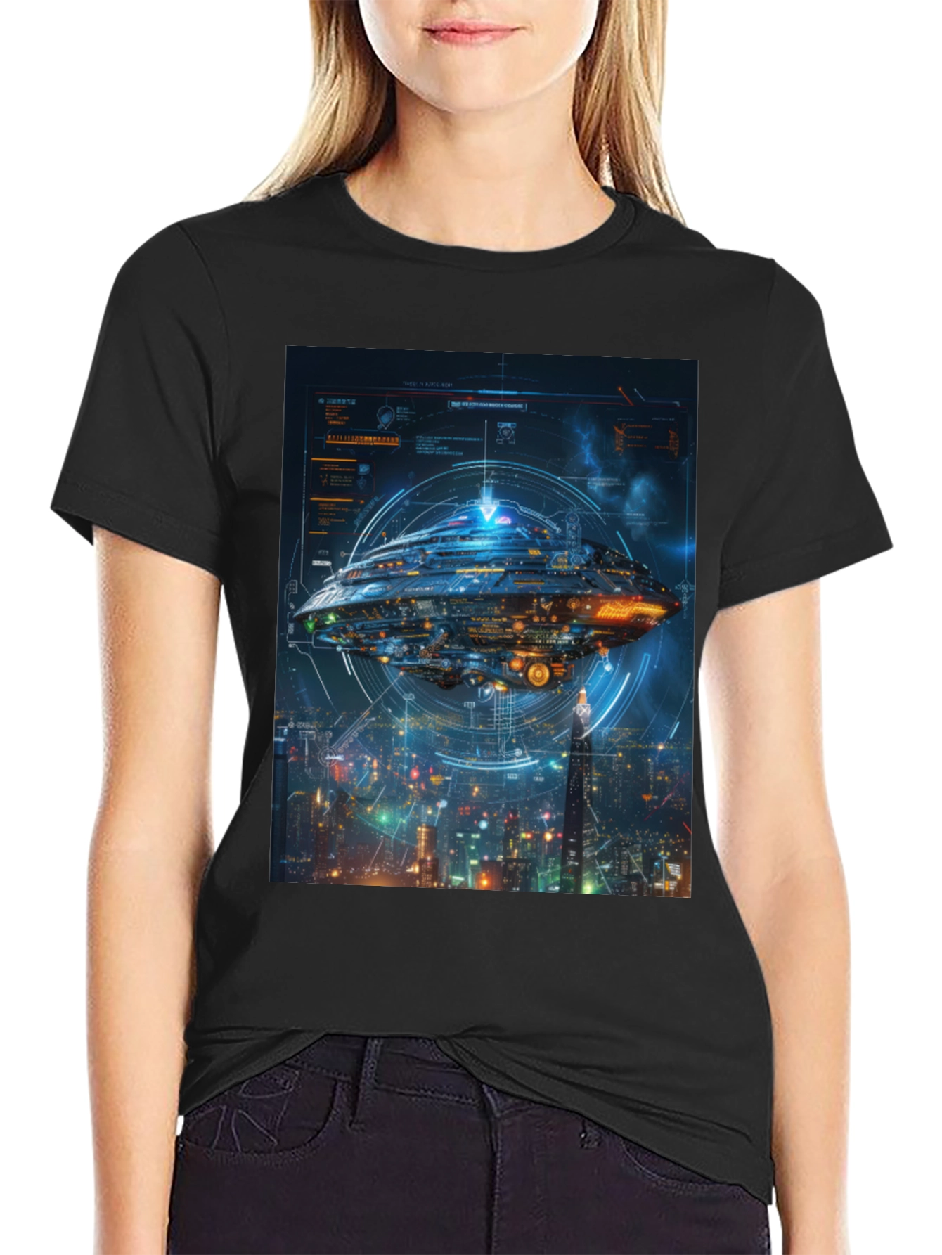 Sci-Fi Spaceship Black T-Shirt