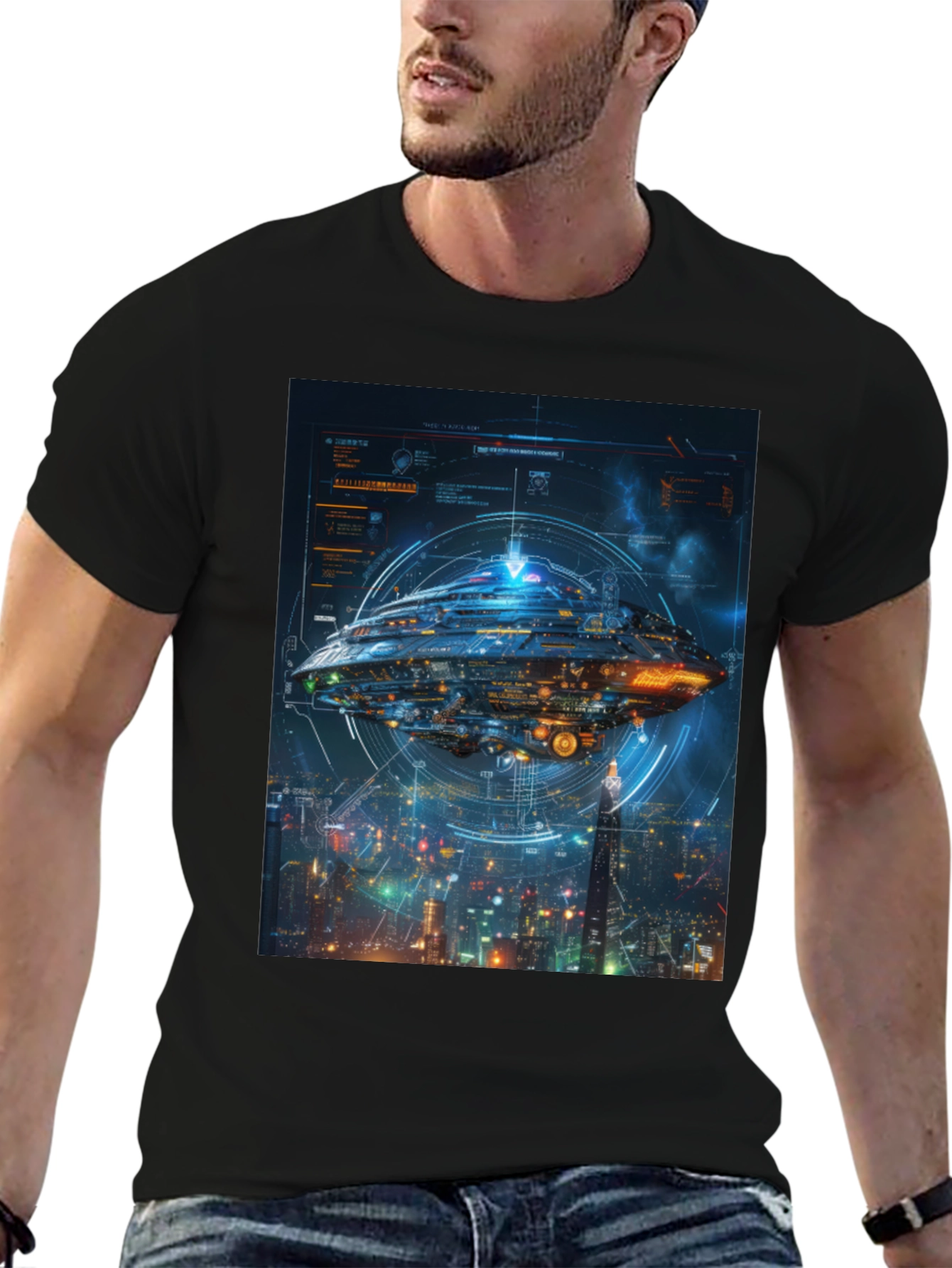 Sci-Fi Spaceship Black T-Shirt