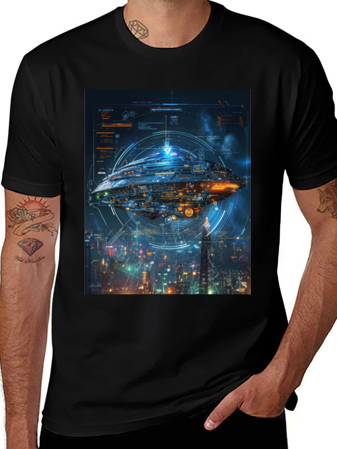 Sci-Fi Spaceship Black T-Shirt