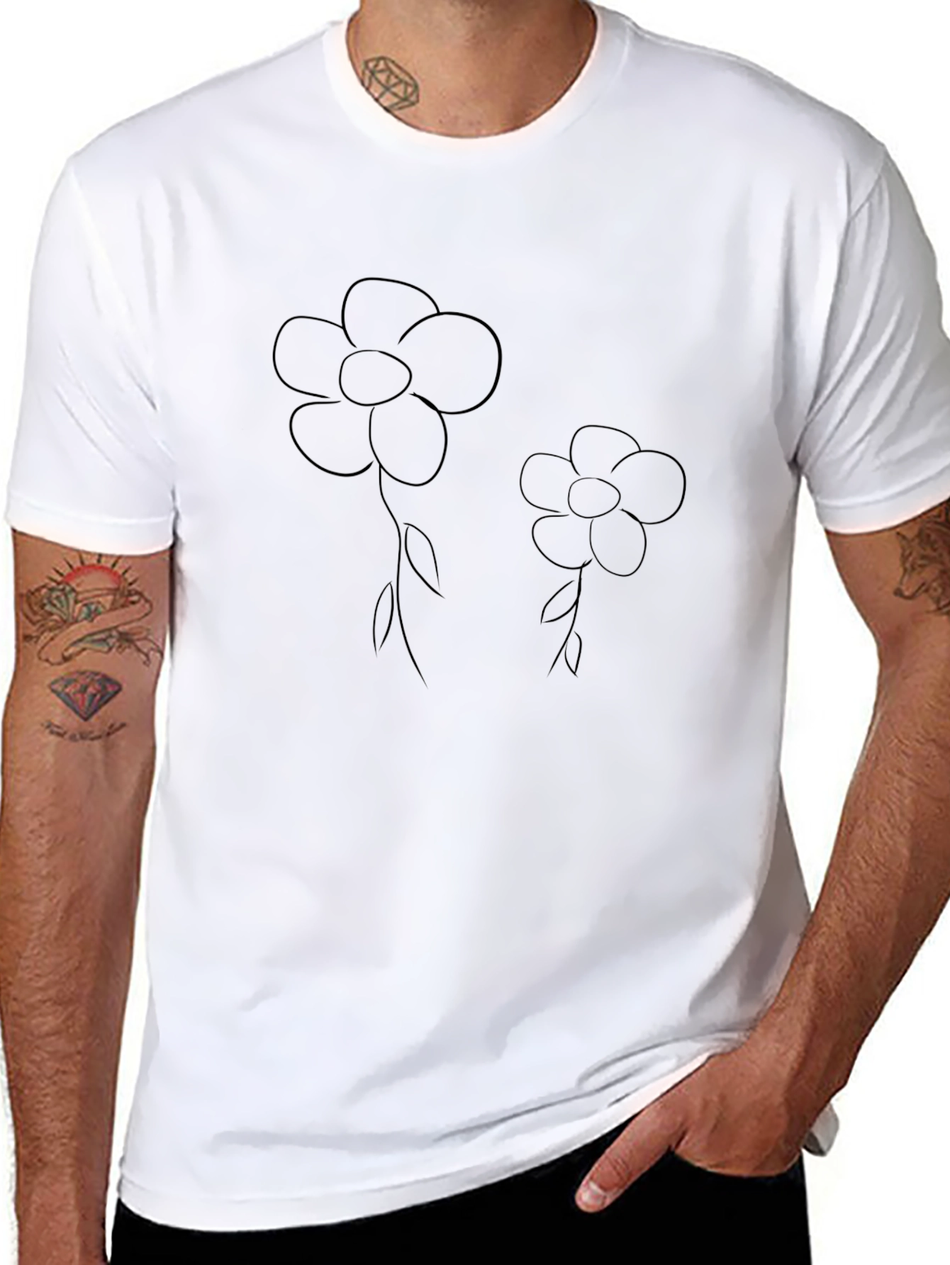 Floral Outline Graphic Tee - Casual Black T-Shirt