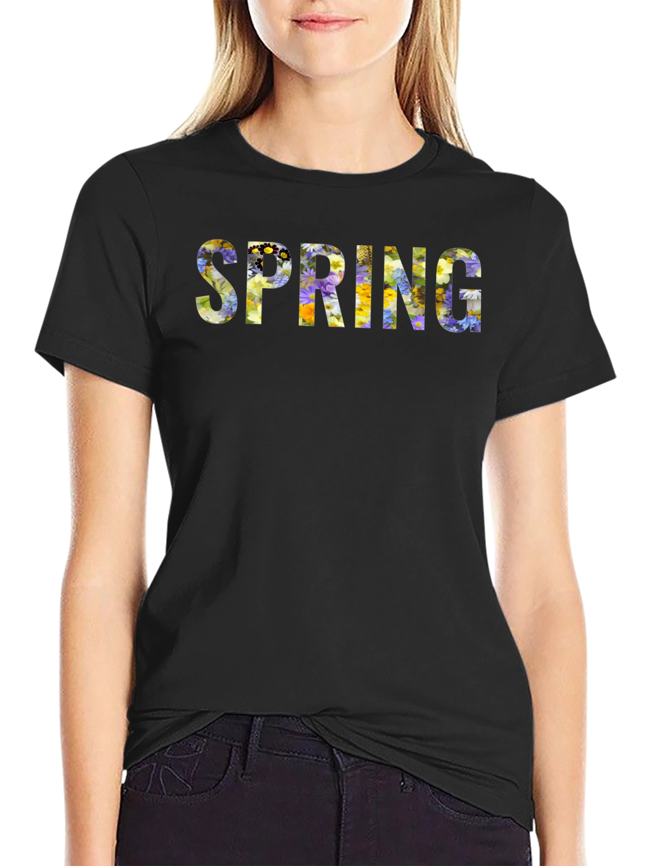 Floral Spring T-Shirt - Black Crew Neck Tee