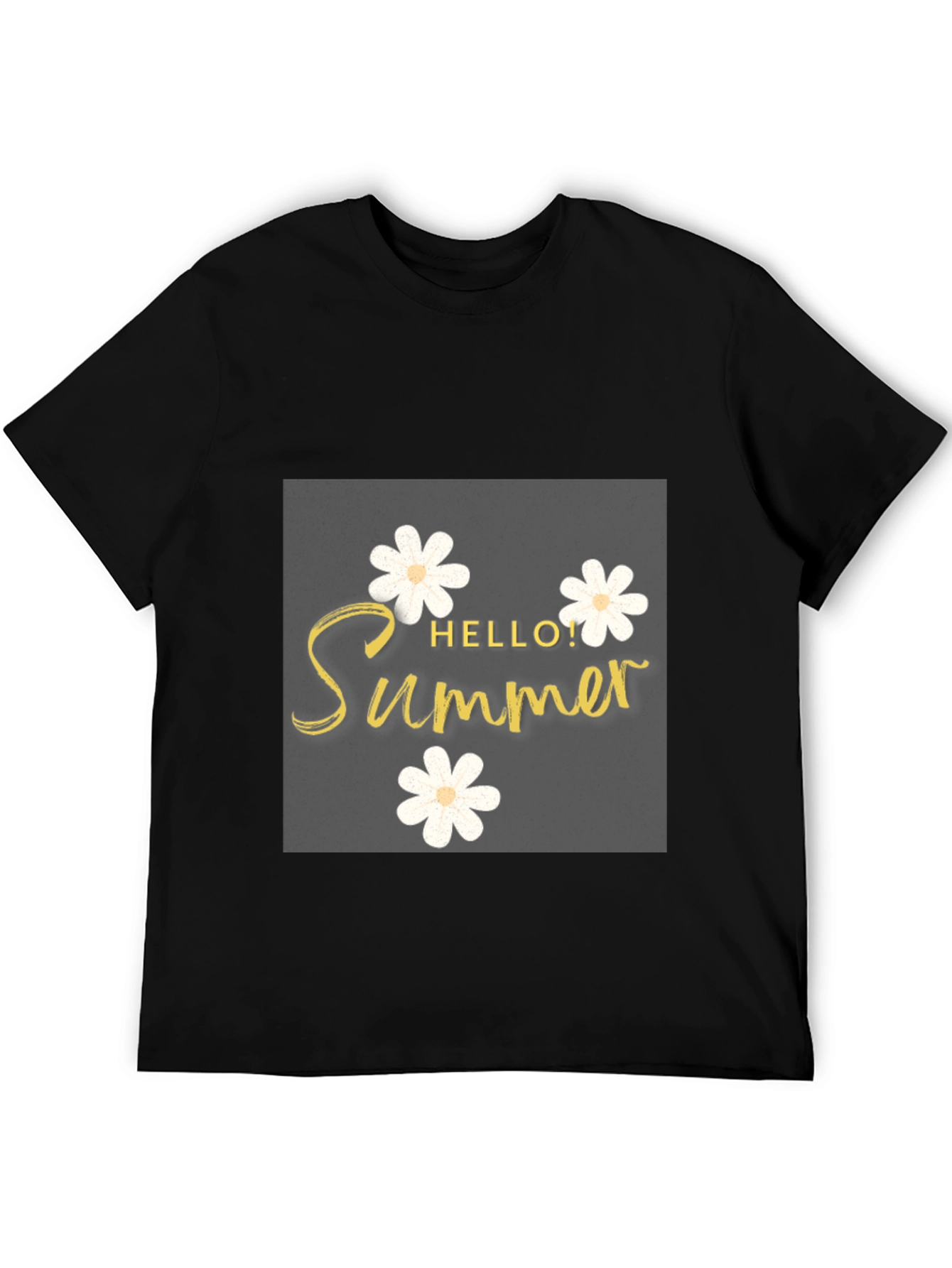 Hello Summer Black T-Shirt with Floral Design