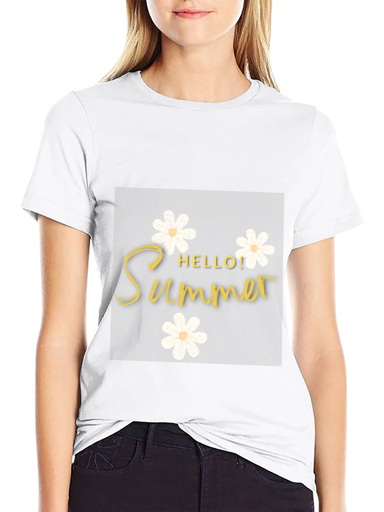 Hello Summer Black T-Shirt with Floral Design