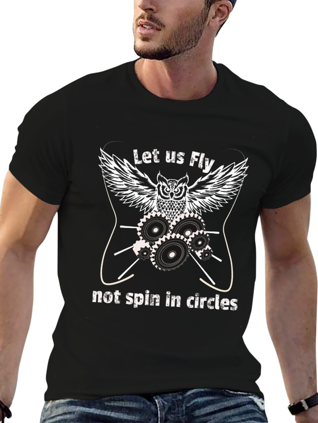 Owl Gears Black Graphic T-Shirt - Let Us Fly