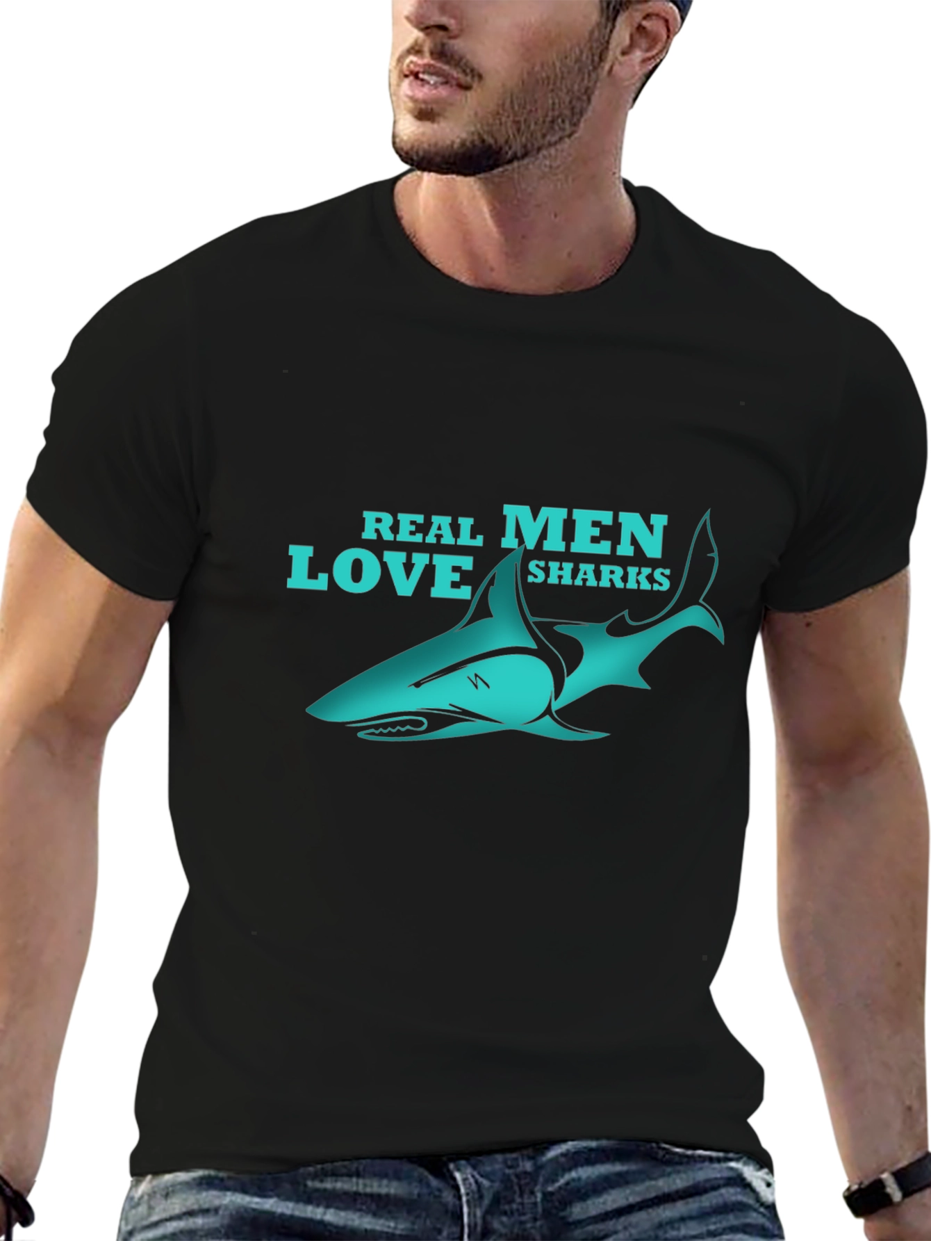 Real Men Love Sharks Black Graphic Tee