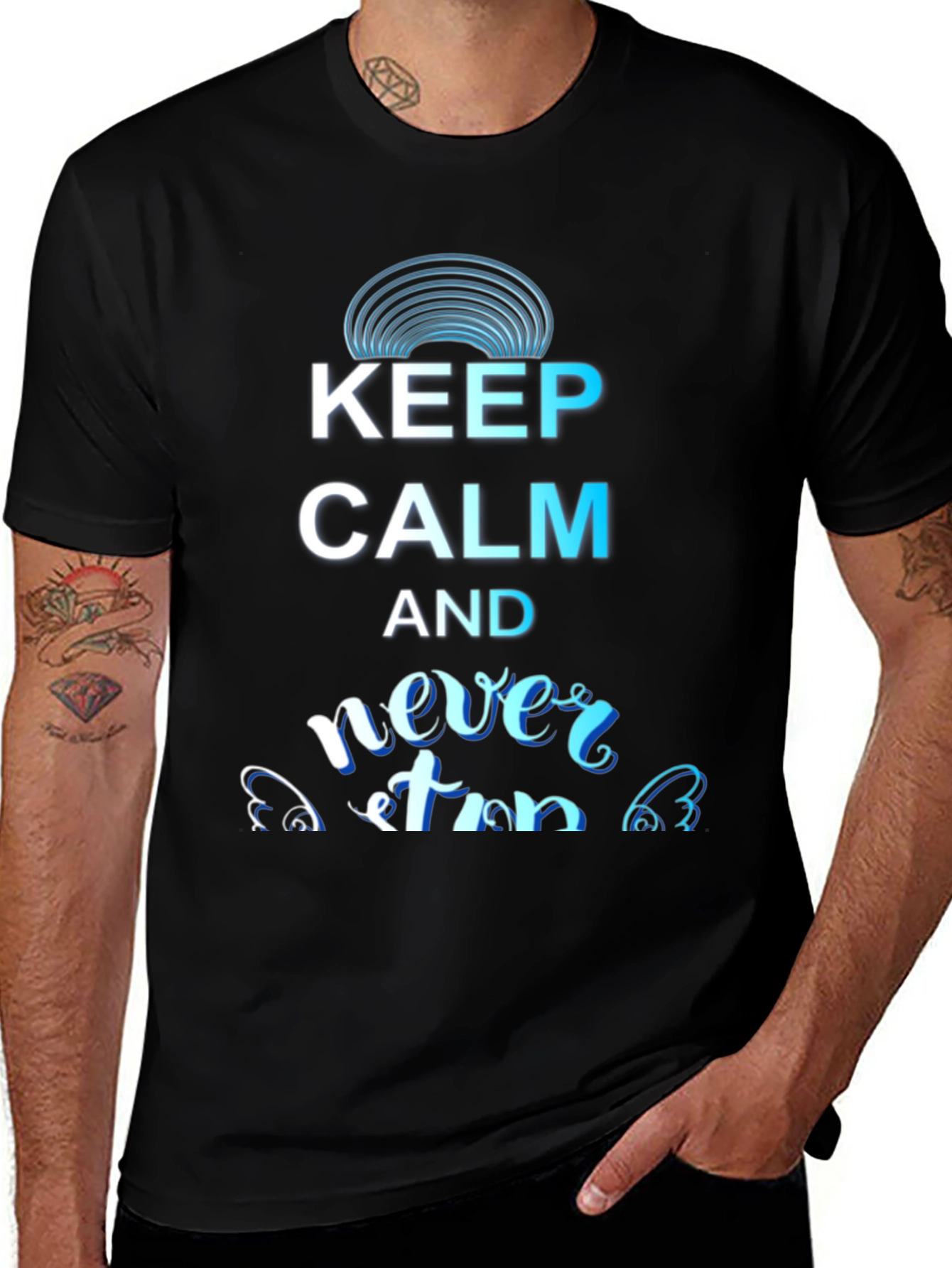 Keep Calm and Never Stop Black T-Shirt