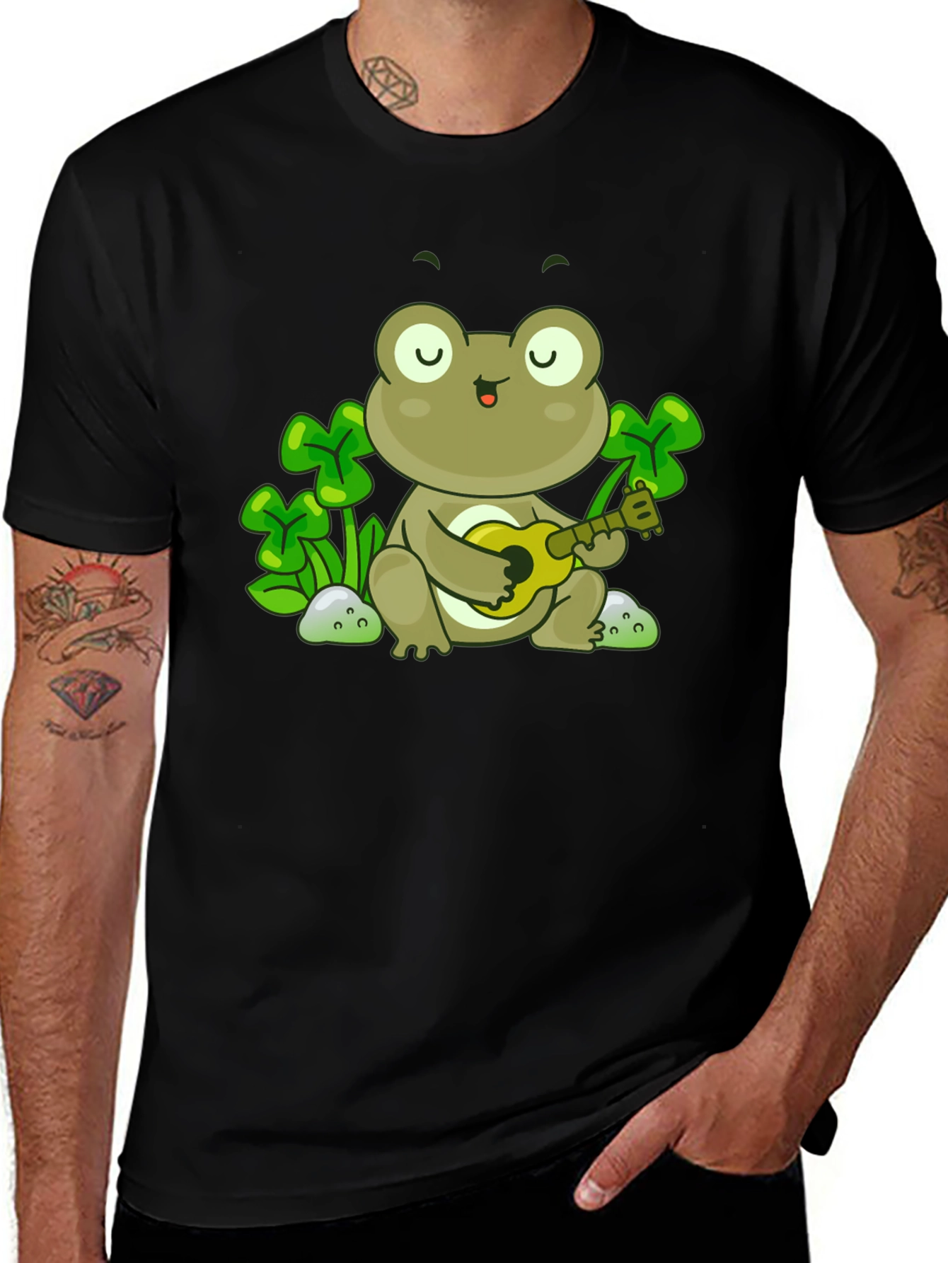 Frog Playing Ukulele Graphic Tee - Black Cotton Shirt