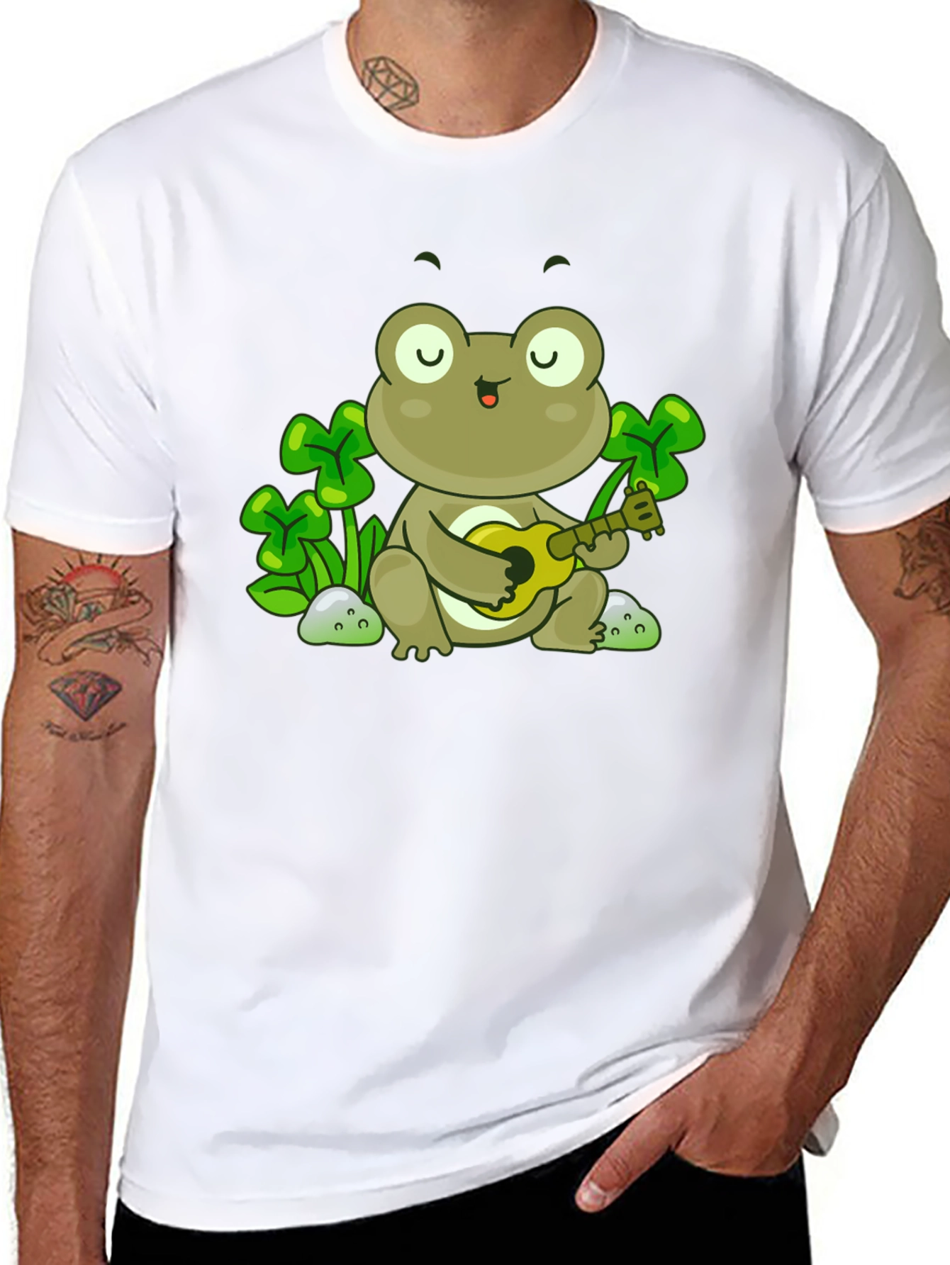 Frog Playing Ukulele Graphic Tee - Black Cotton Shirt