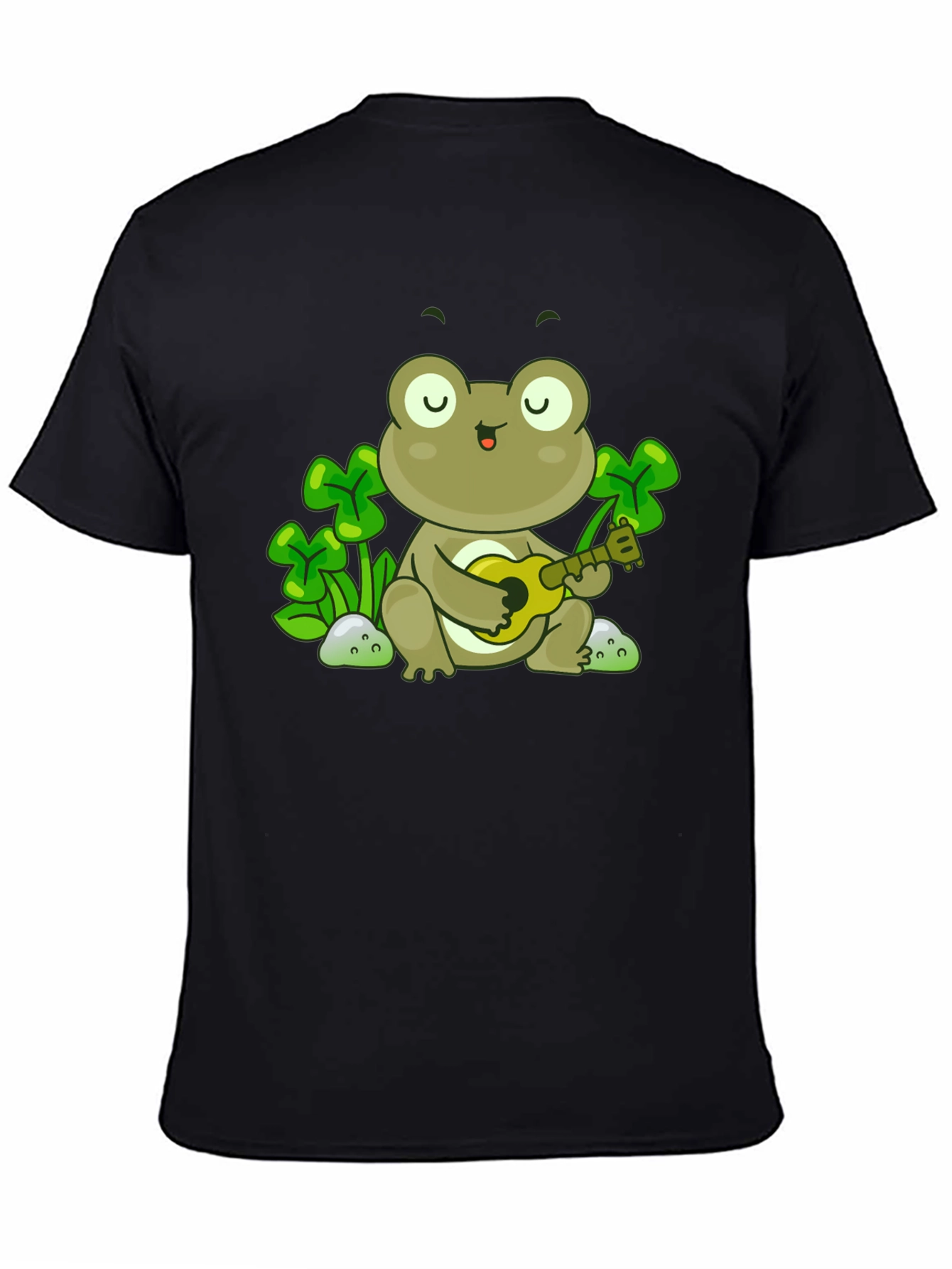 Frog Playing Ukulele Graphic Tee - Black Cotton Shirt