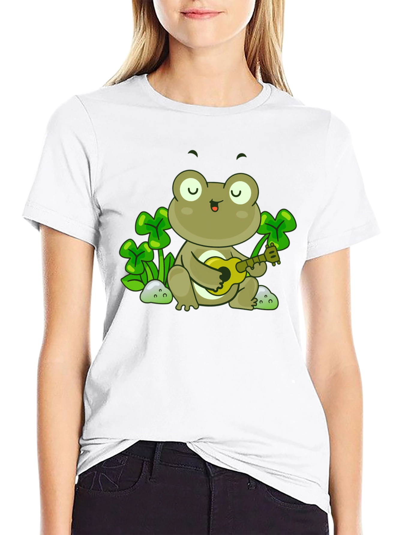Frog Playing Ukulele Graphic Tee - Black Cotton Shirt