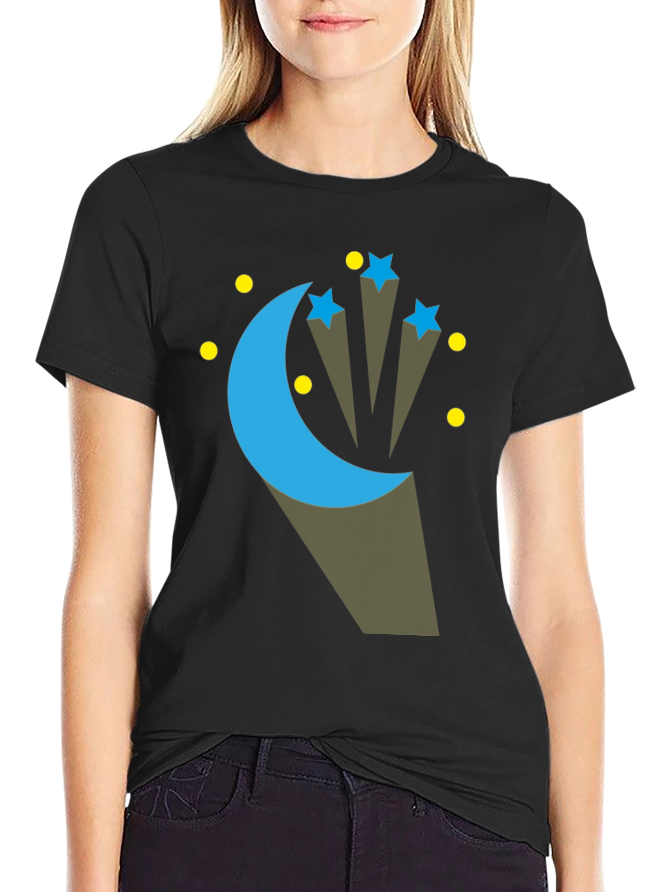 Celestial Moon & Stars Graphic Tee - Black Cotton