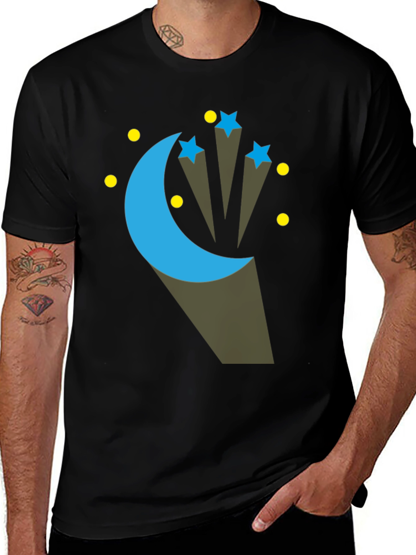 Celestial Moon & Stars Graphic Tee - Black Cotton