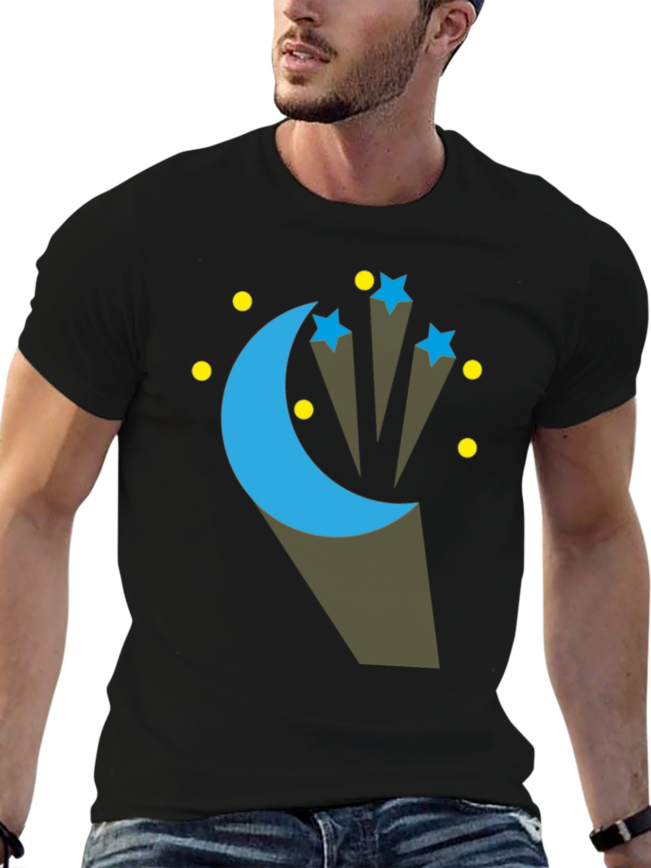 Celestial Moon & Stars Graphic Tee - Black Cotton