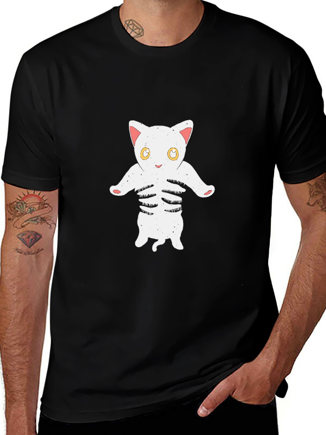 Cat Skeleton Graphic Tee - Black Cotton T-Shirt