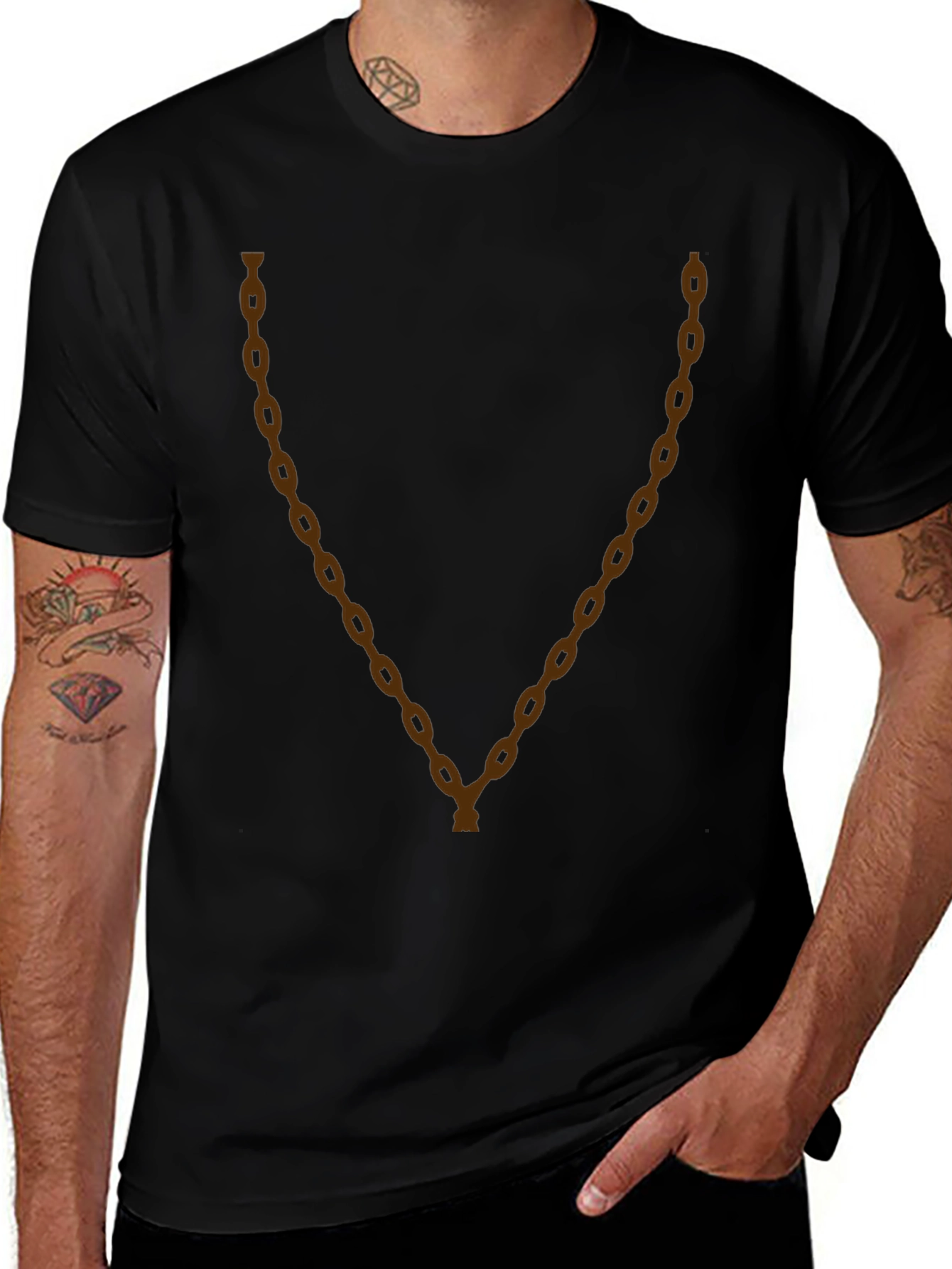 Mens Black T-Shirt with Brown Chain Graphic