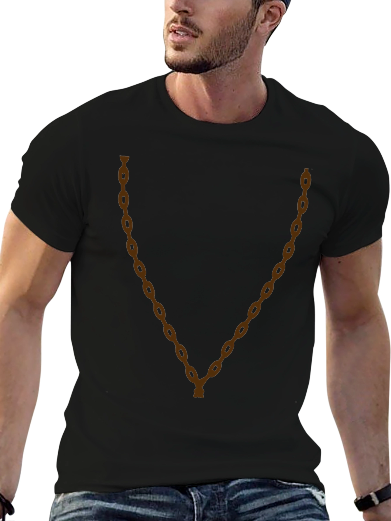 Mens Black T-Shirt with Brown Chain Graphic