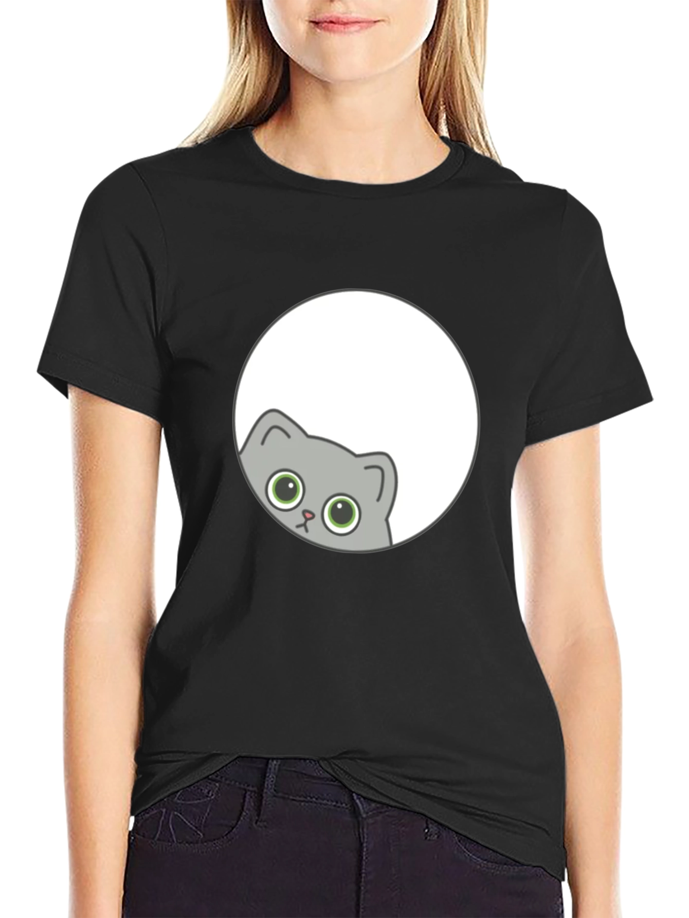 Cute Cat Peeking T-Shirt - Black Graphic Tee