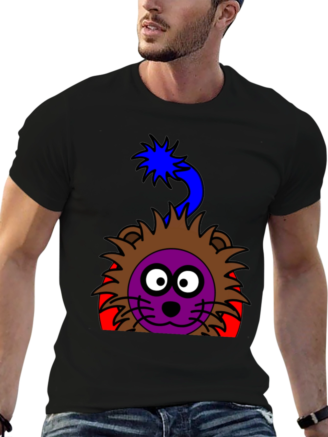 Cartoon Lion Graphic Tee - Funky Black T-Shirt