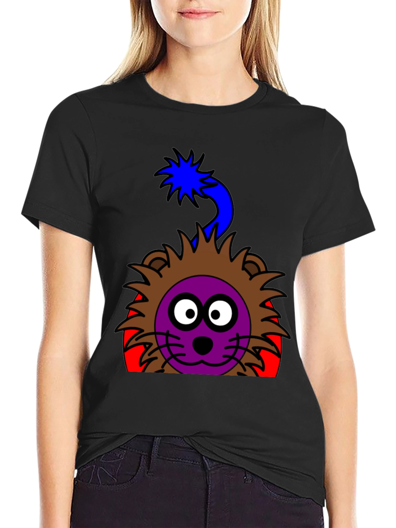 Cartoon Lion Graphic Tee - Funky Black T-Shirt