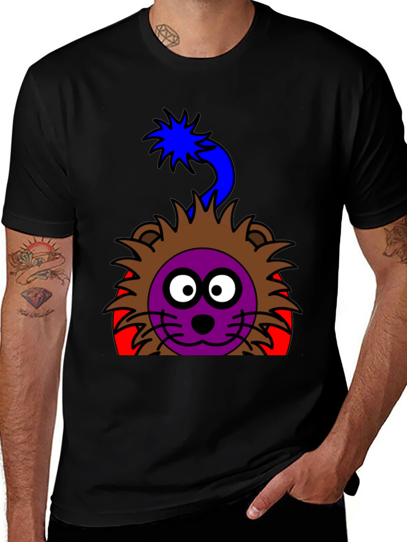Cartoon Lion Graphic Tee - Funky Black T-Shirt
