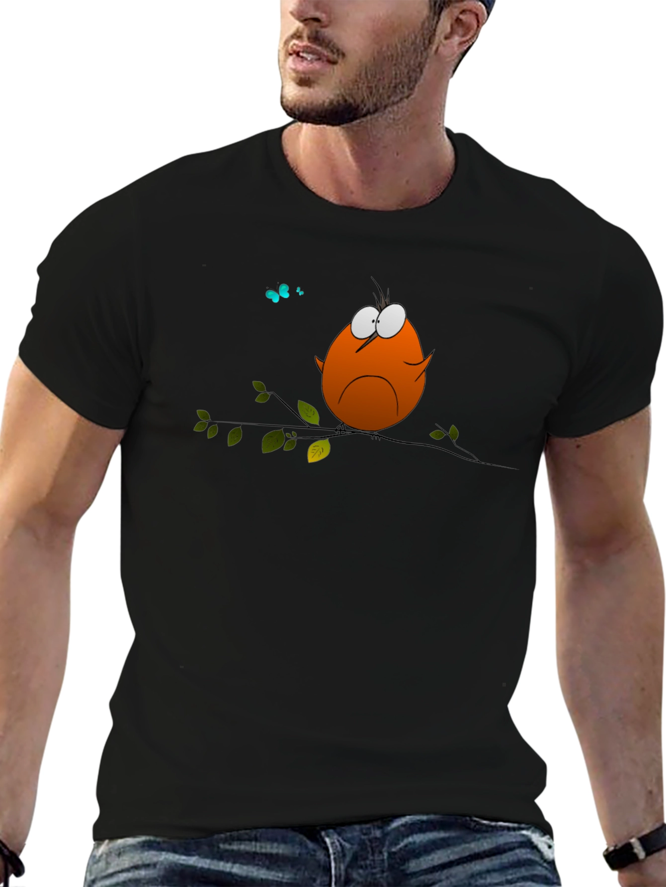 Cartoon Bird on Branch Graphic T-Shirt
