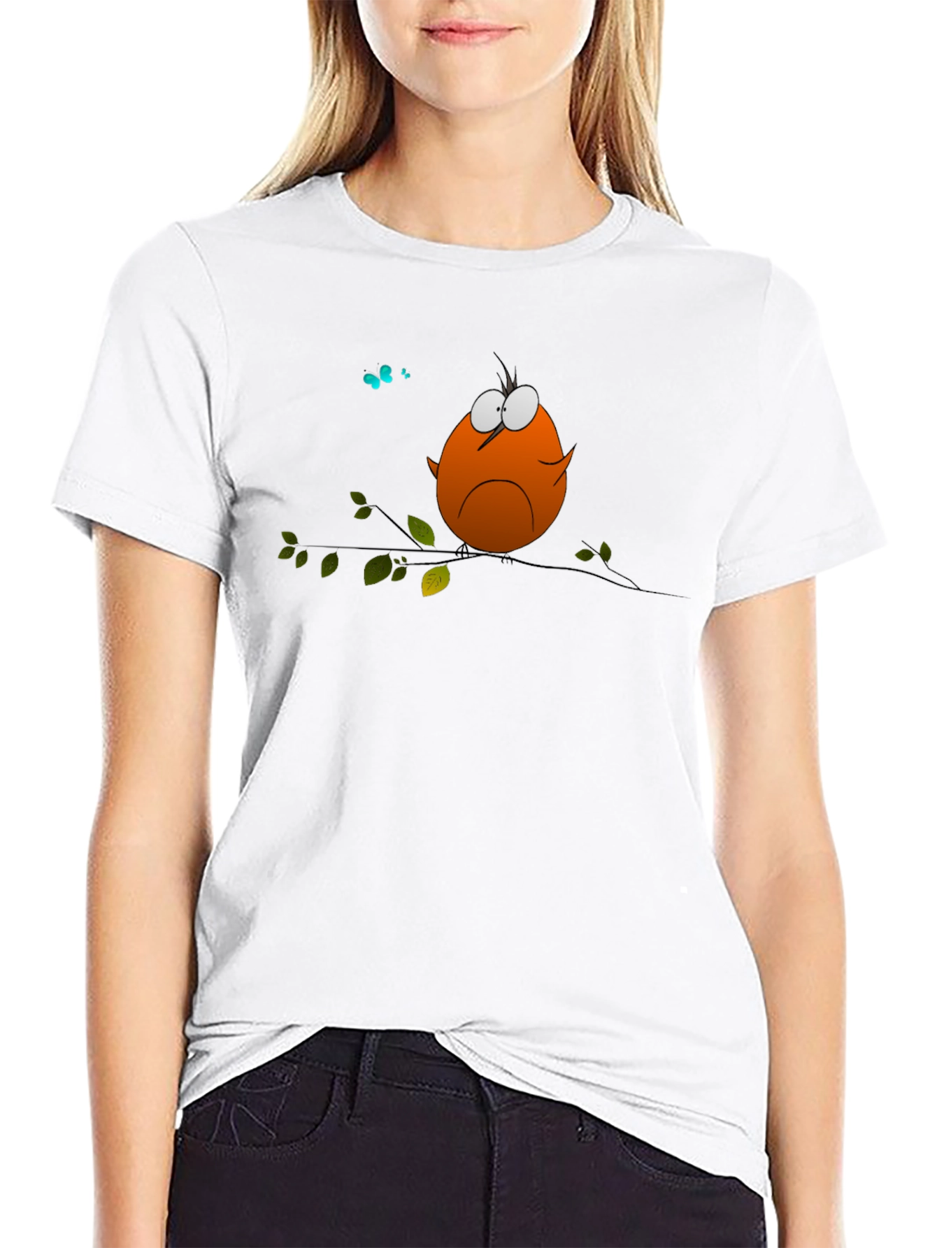 Cartoon Bird on Branch Graphic T-Shirt