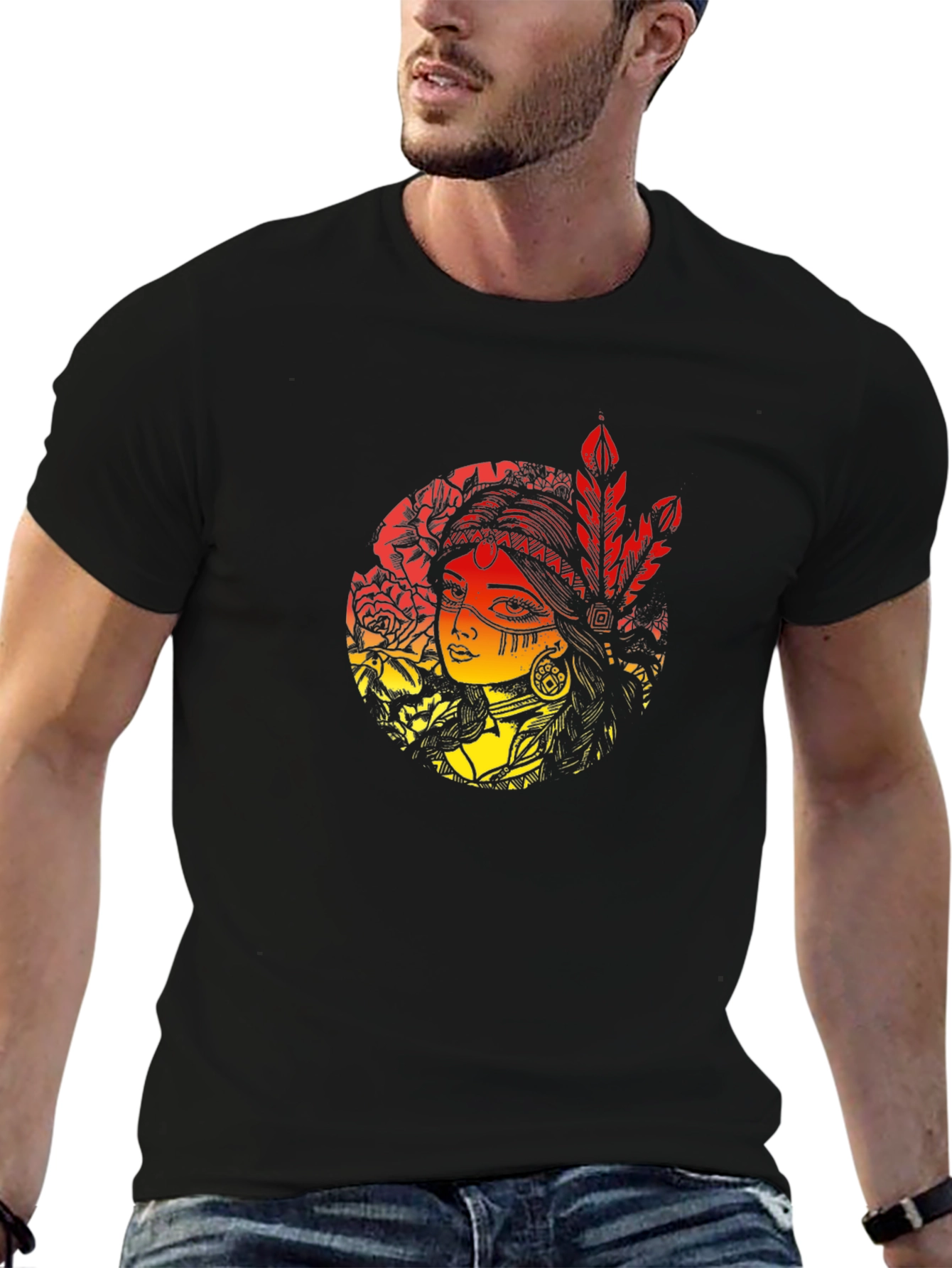 Native American Woman Graphic Black T-Shirt