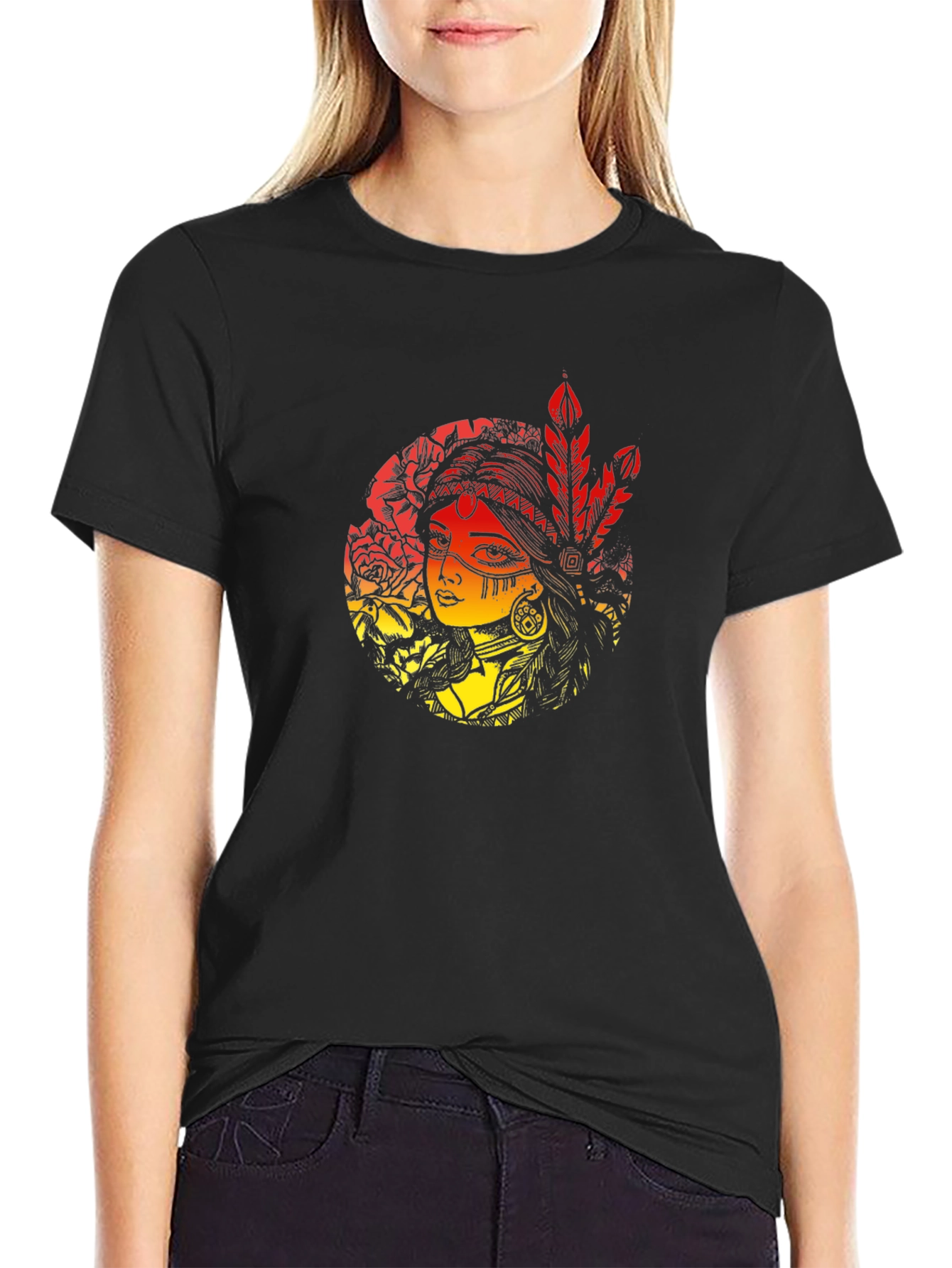 Native American Woman Graphic Black T-Shirt