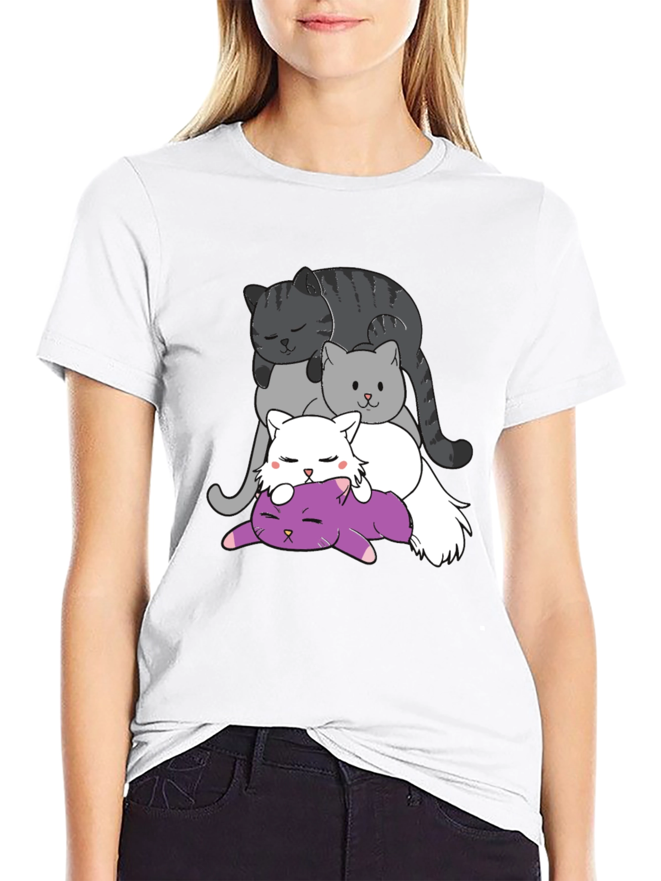 Stacked Cats Graphic Tee - Cute Cartoon Cat Shirt