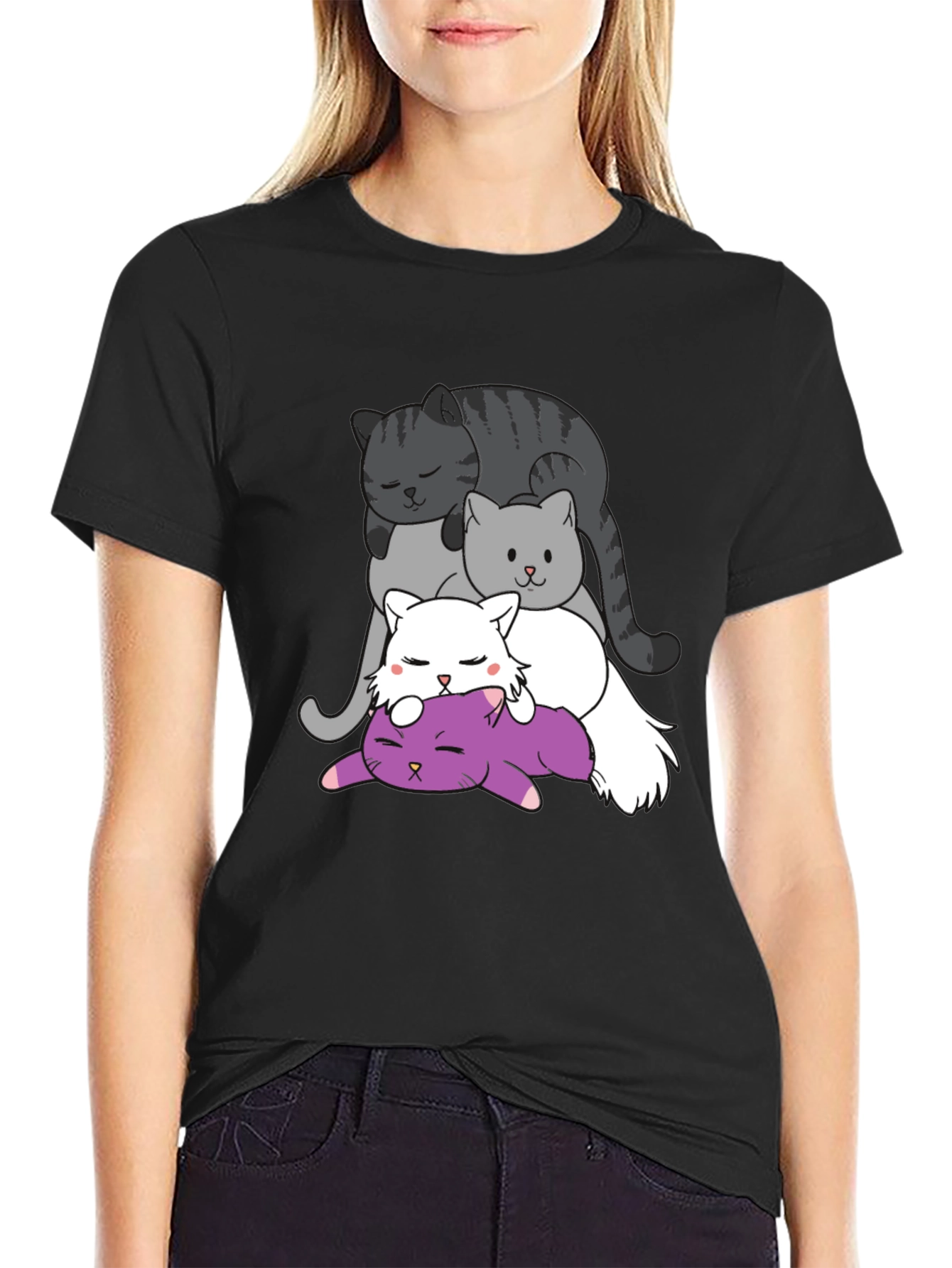 Stacked Cats Graphic Tee - Cute Cartoon Cat Shirt