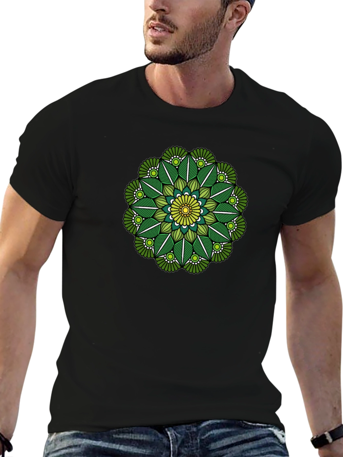 Green Mandala Graphic Tee - Stylish Black T-Shirt