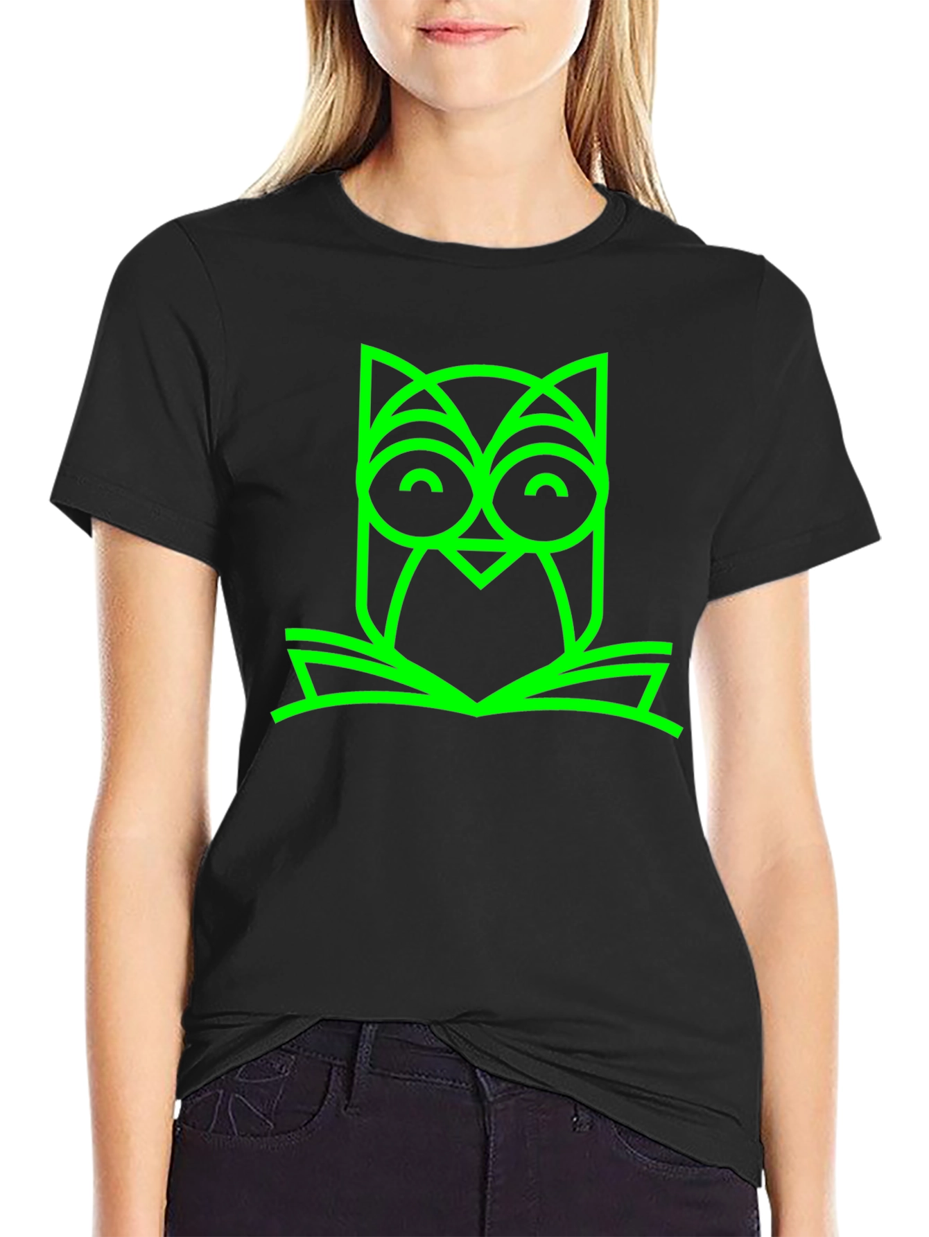 Green Owl Book Graphic Black T-Shirt