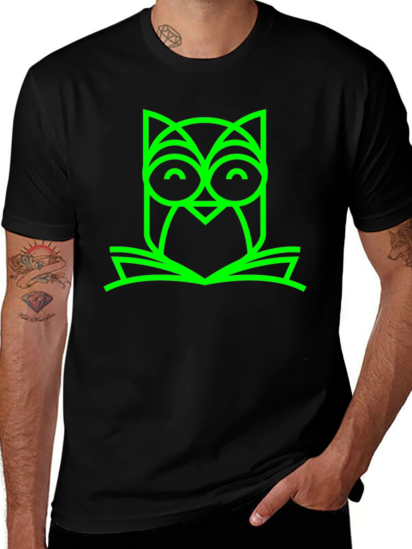 Green Owl Book Graphic Black T-Shirt
